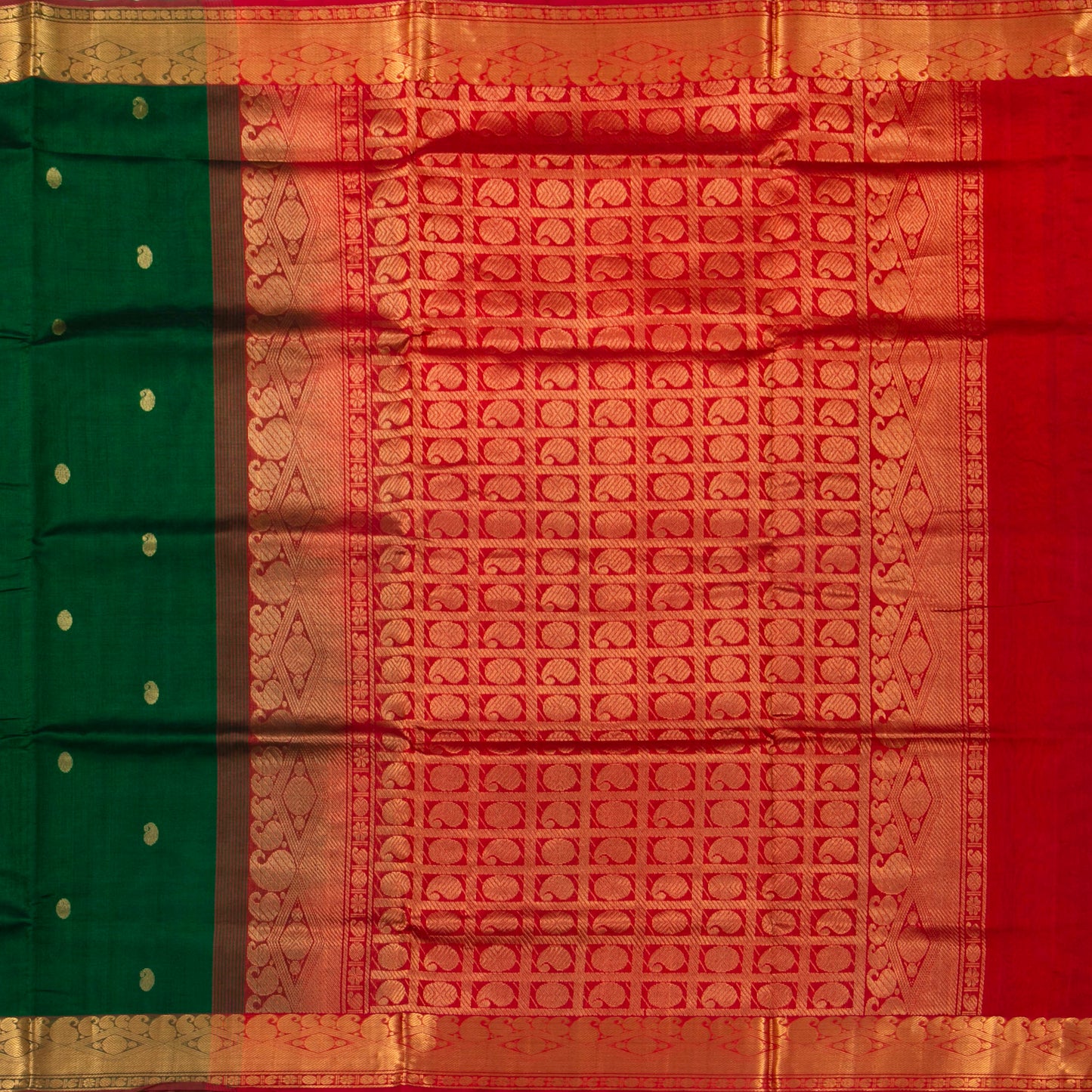 Bottle Green And Red Kanchi Silk Cotton Saree With Zari Border For Festive Wear VP SC 115