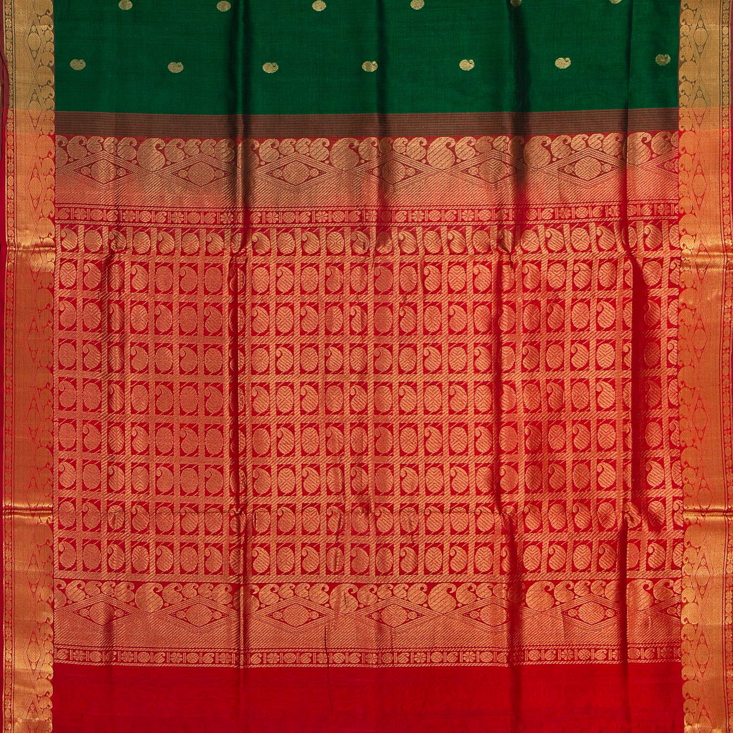 Bottle Green And Red Kanchi Silk Cotton Saree With Zari Border For Festive Wear VP SC 115