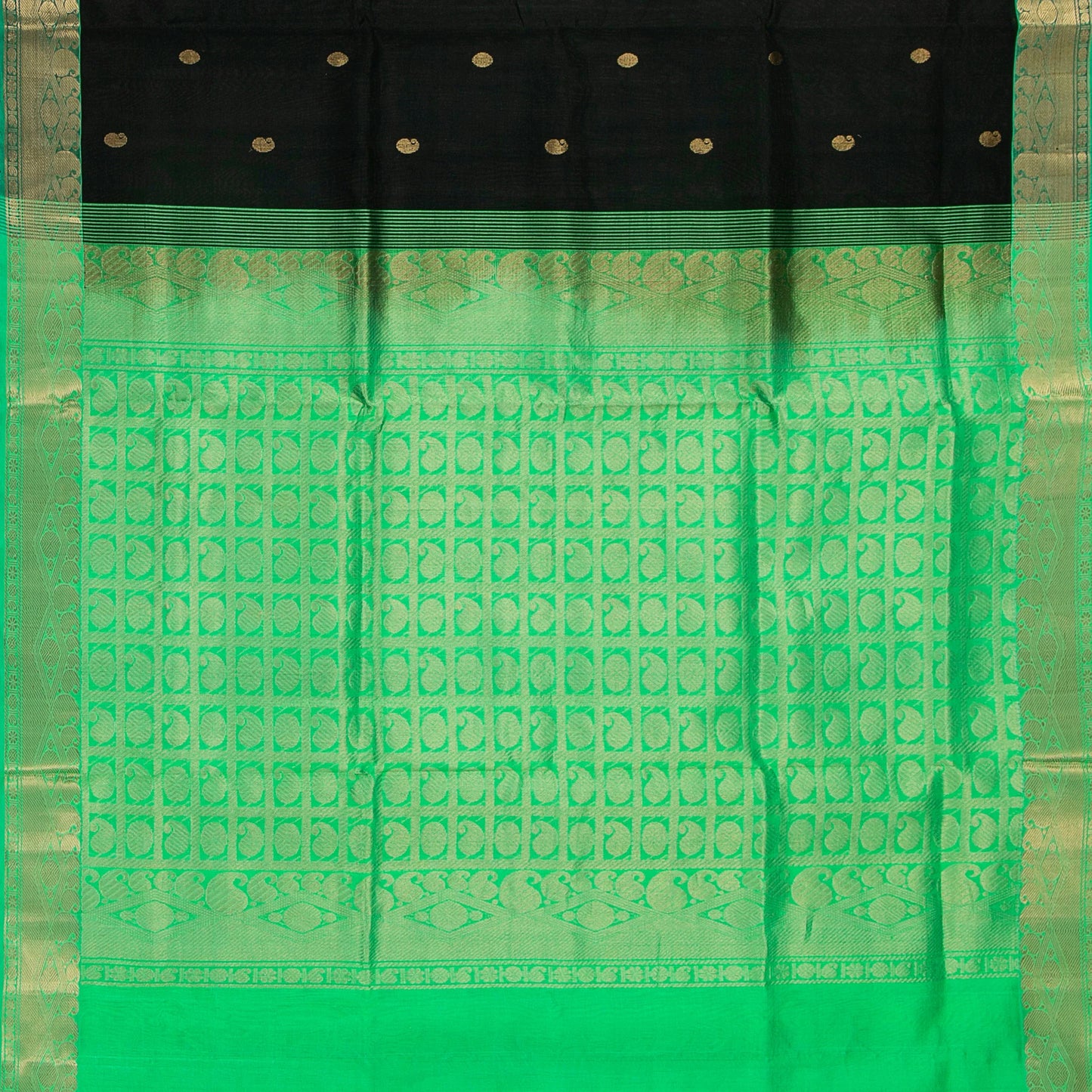 Black And Parrot Green Kanchi Silk Cotton Saree With Korvai Zari Border For Festive Wear VP SC 114