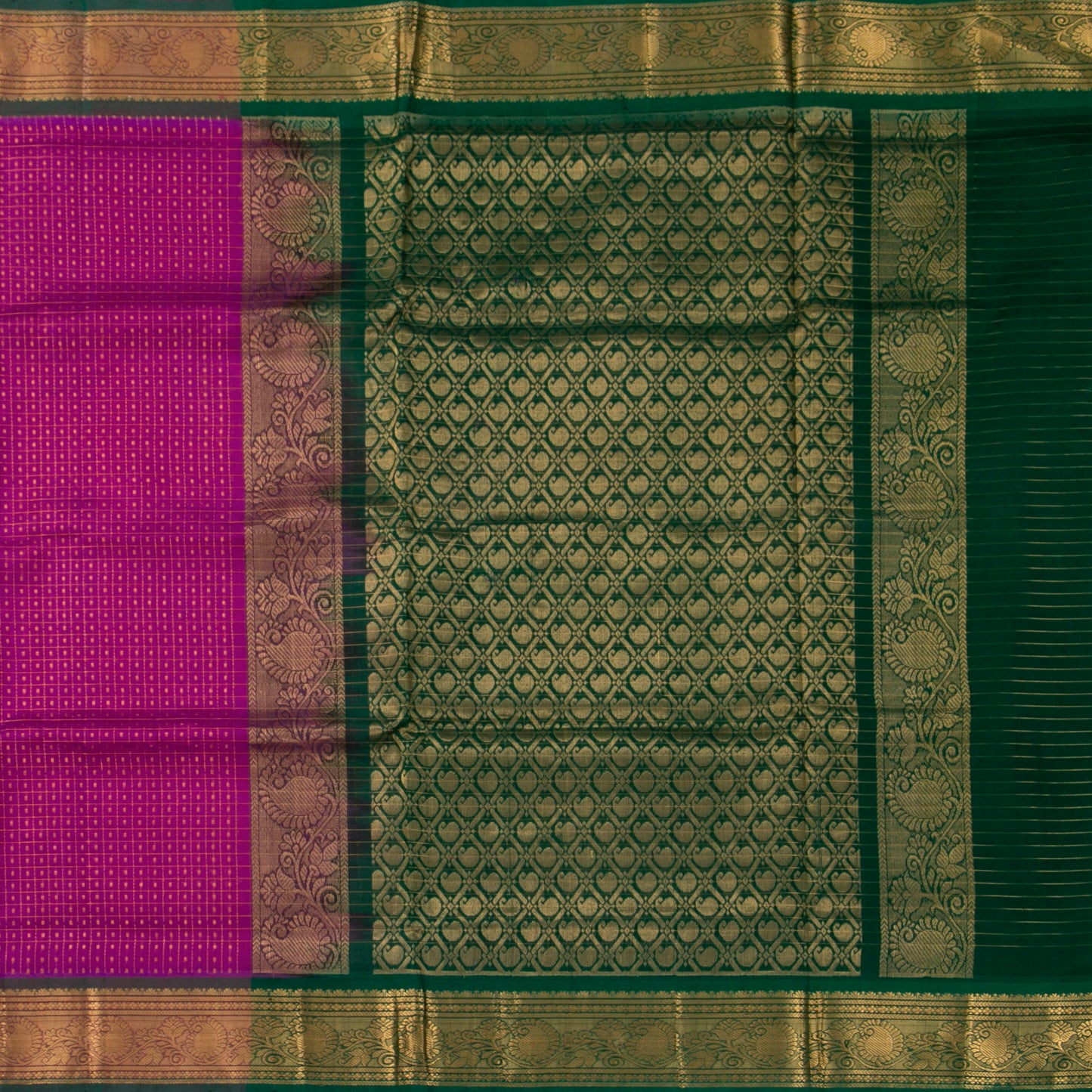 Magenta And Bottle Green Lakshadeepam Kanchi Silk Cotton Saree For Festive Wear VP SC 110