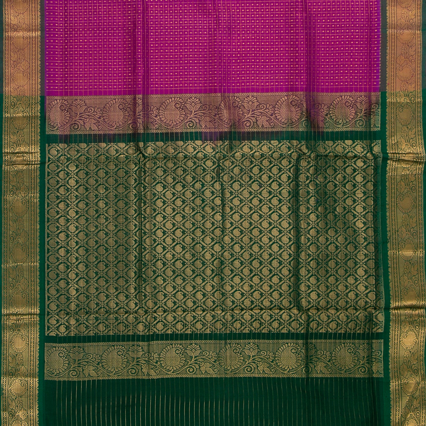 Magenta And Bottle Green Lakshadeepam Kanchi Silk Cotton Saree For Festive Wear VP SC 110