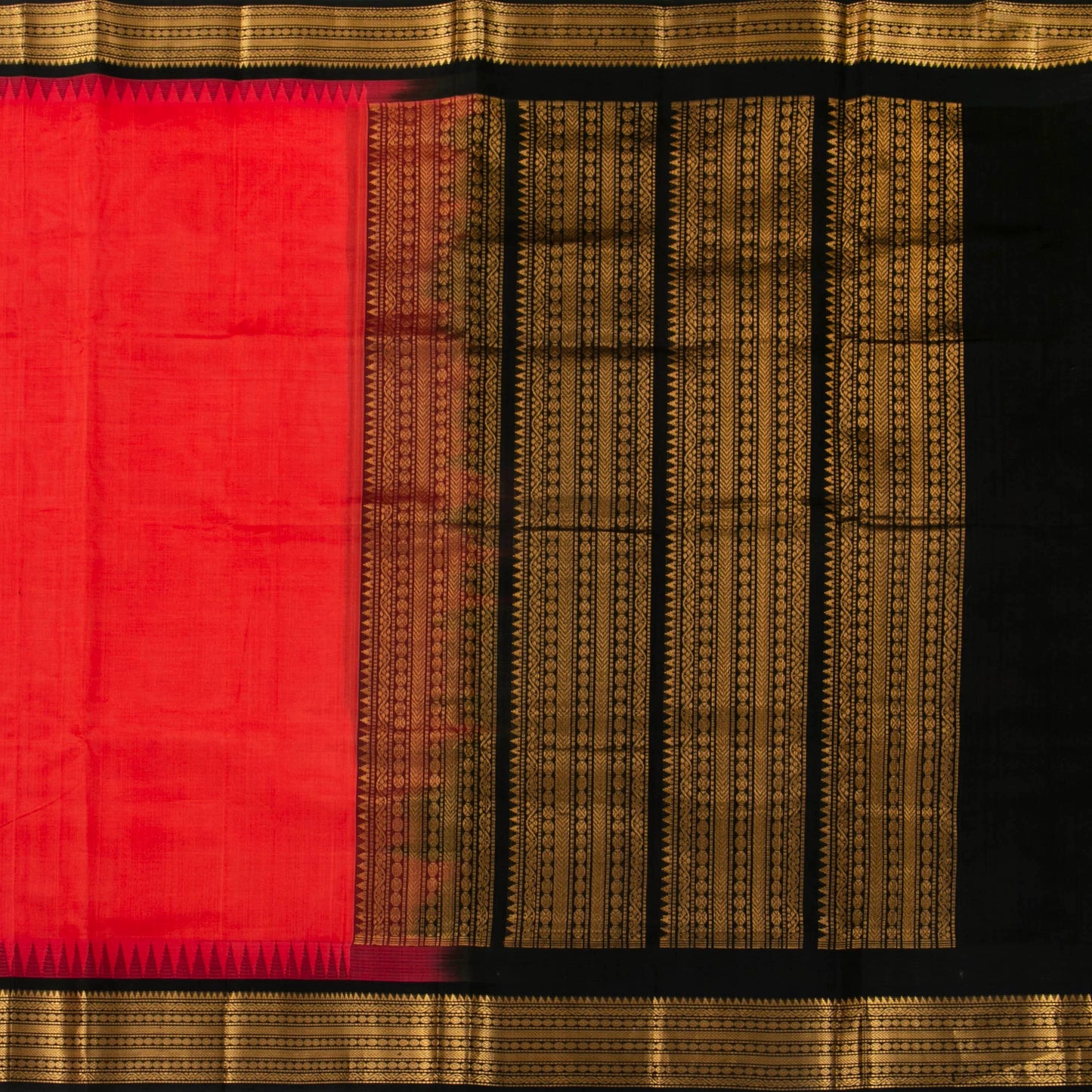 Red And Black Kanchi Silk Cotton Saree With Temple Korvai Border For Festive Wear VP SC 153