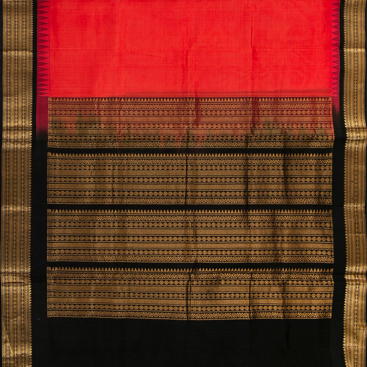 Red And Black Kanchi Silk Cotton Saree With Temple Korvai Border For Festive Wear VP SC 153