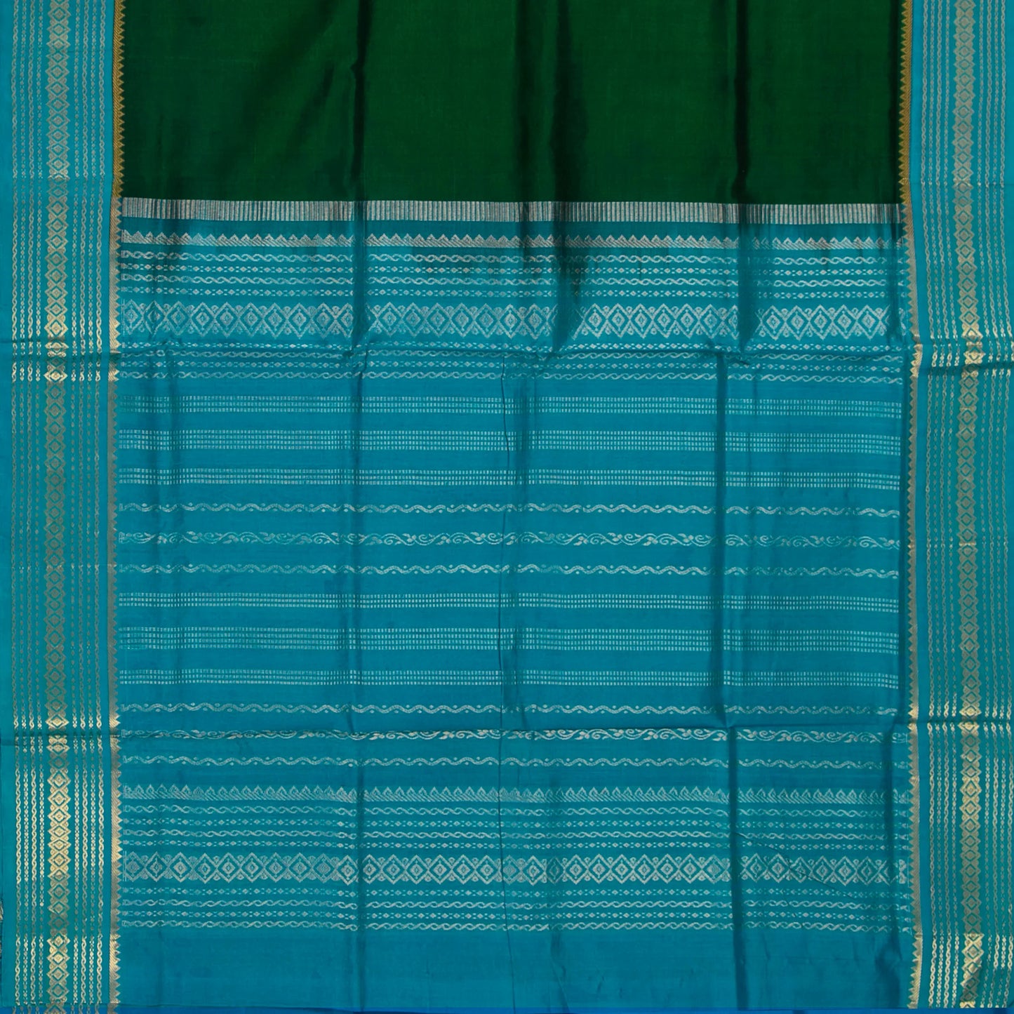 Bottle Green And Ananda Blue Kanchi Silk Cotton Saree With Korvai Border For Festive Wear VP SC 152