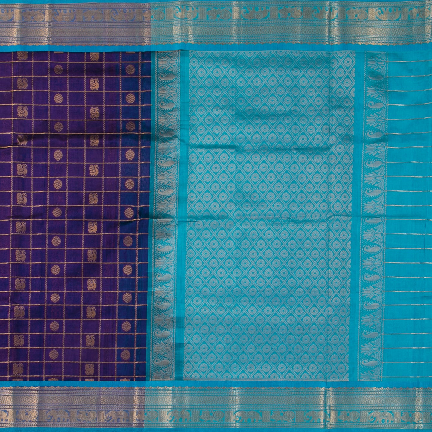 Purple And Ananda Blue Kanchi Silk Cotton Saree With Zari Checks For Festive Wear VP SC 138