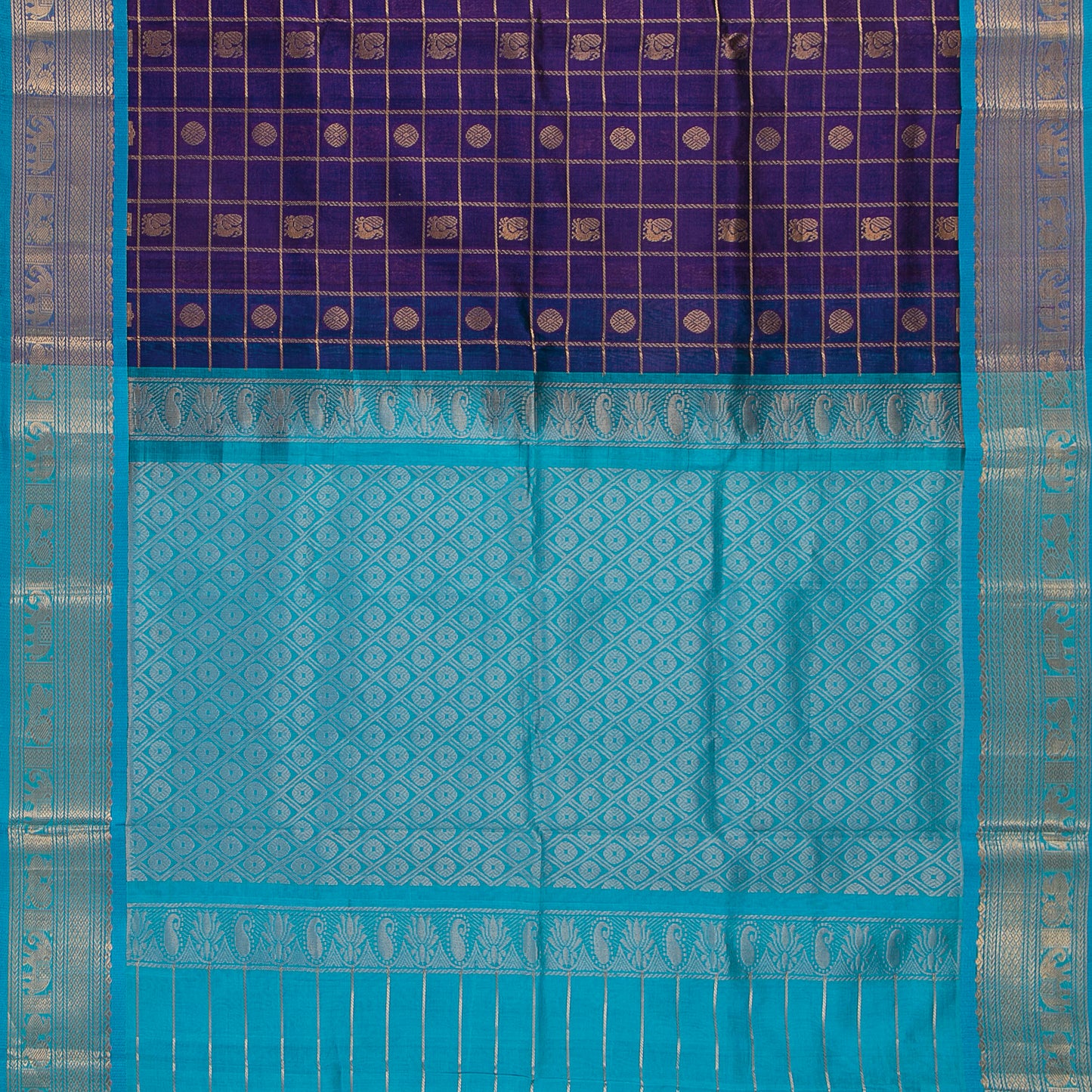 Purple And Ananda Blue Kanchi Silk Cotton Saree With Zari Checks For Festive Wear VP SC 138