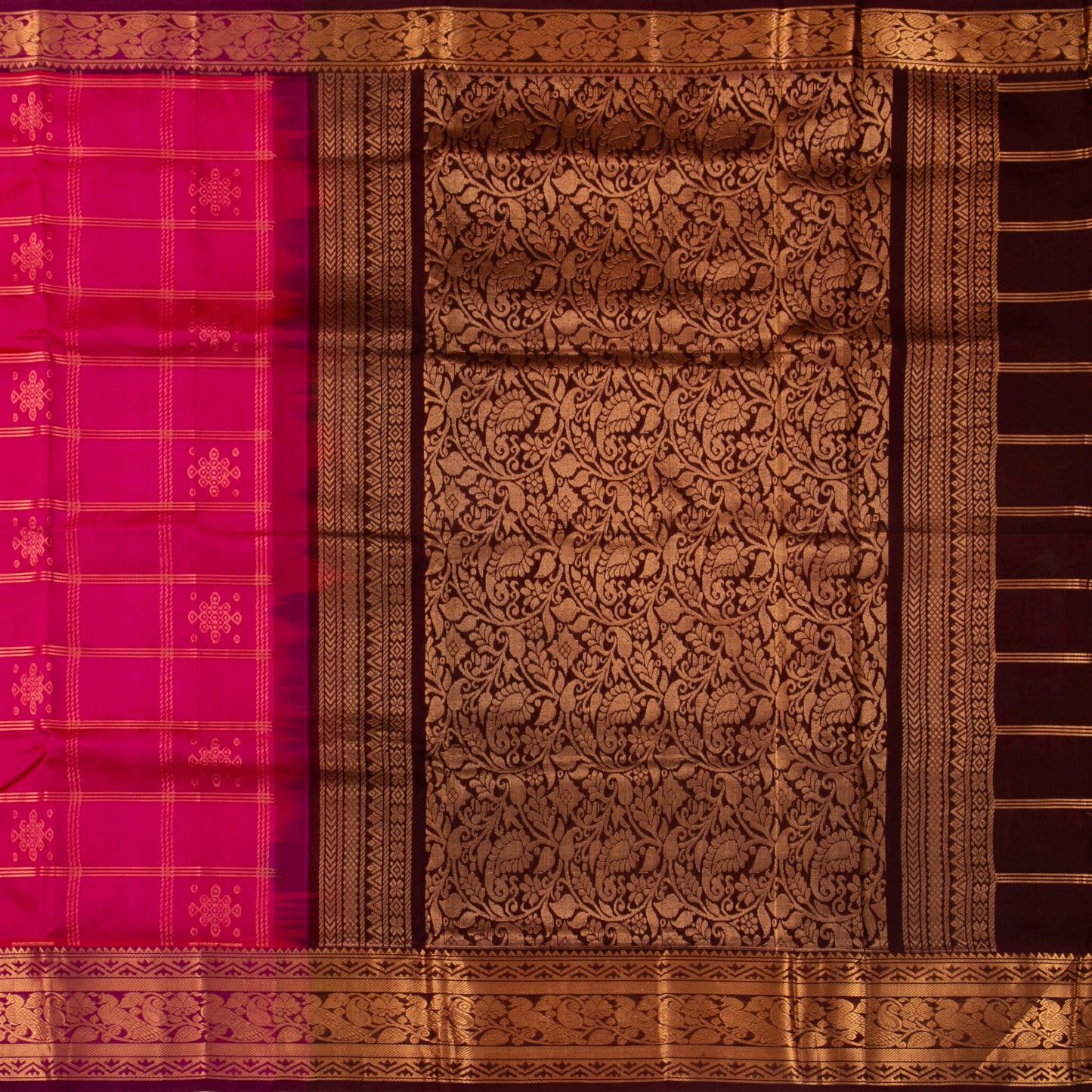 Pink And Maroon Kanchi Silk Cotton Saree With Zari Checks For Festive Wear VP SC 136