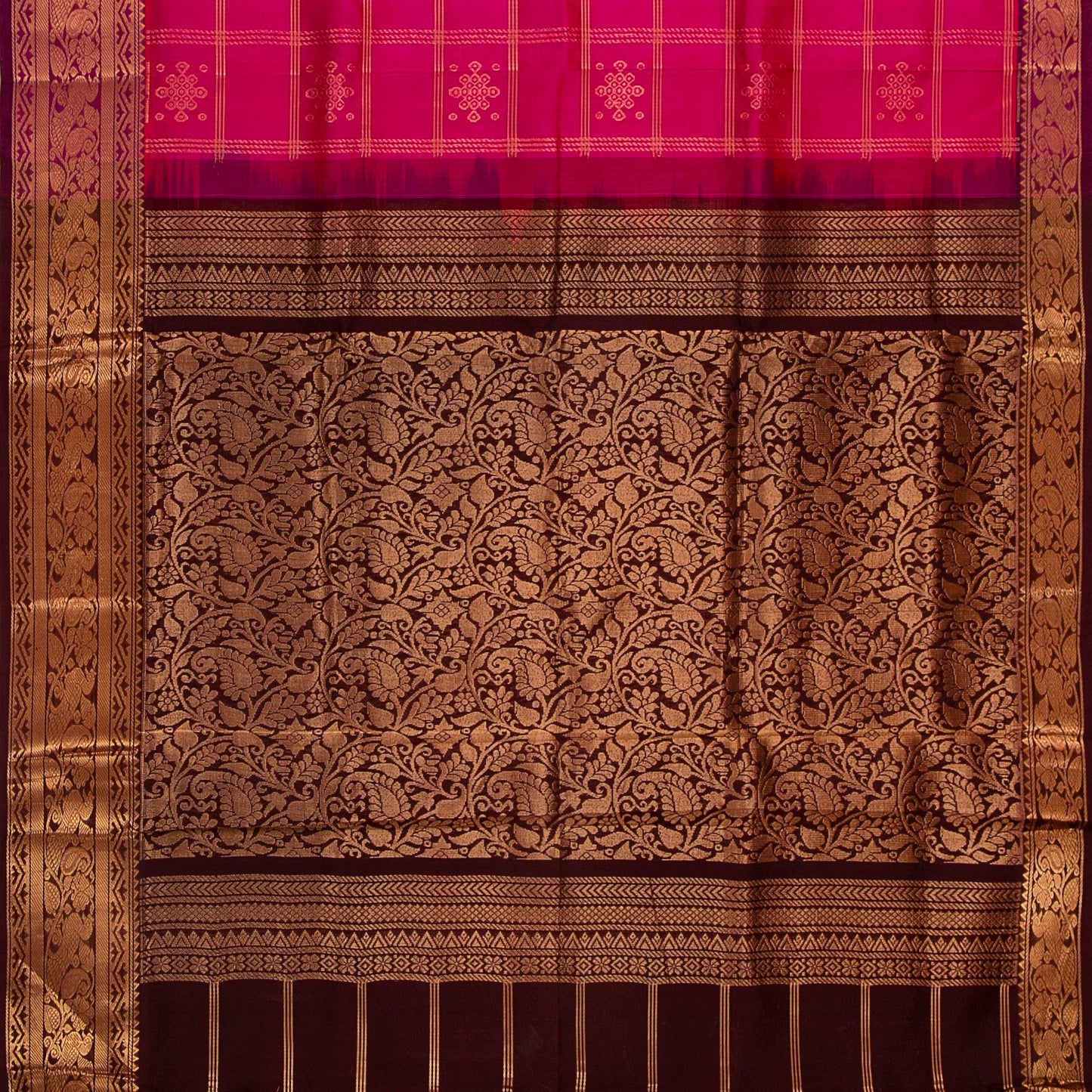 Pink And Maroon Kanchi Silk Cotton Saree With Zari Checks For Festive Wear VP SC 136