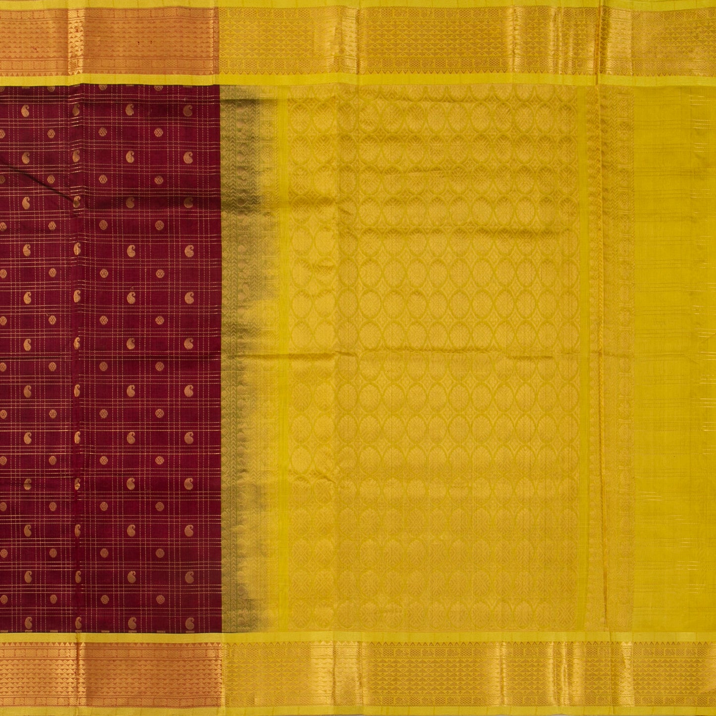 Maroon And Lemon Yellow Kanchi Silk Cotton Saree For Festive Wear VP SC 137