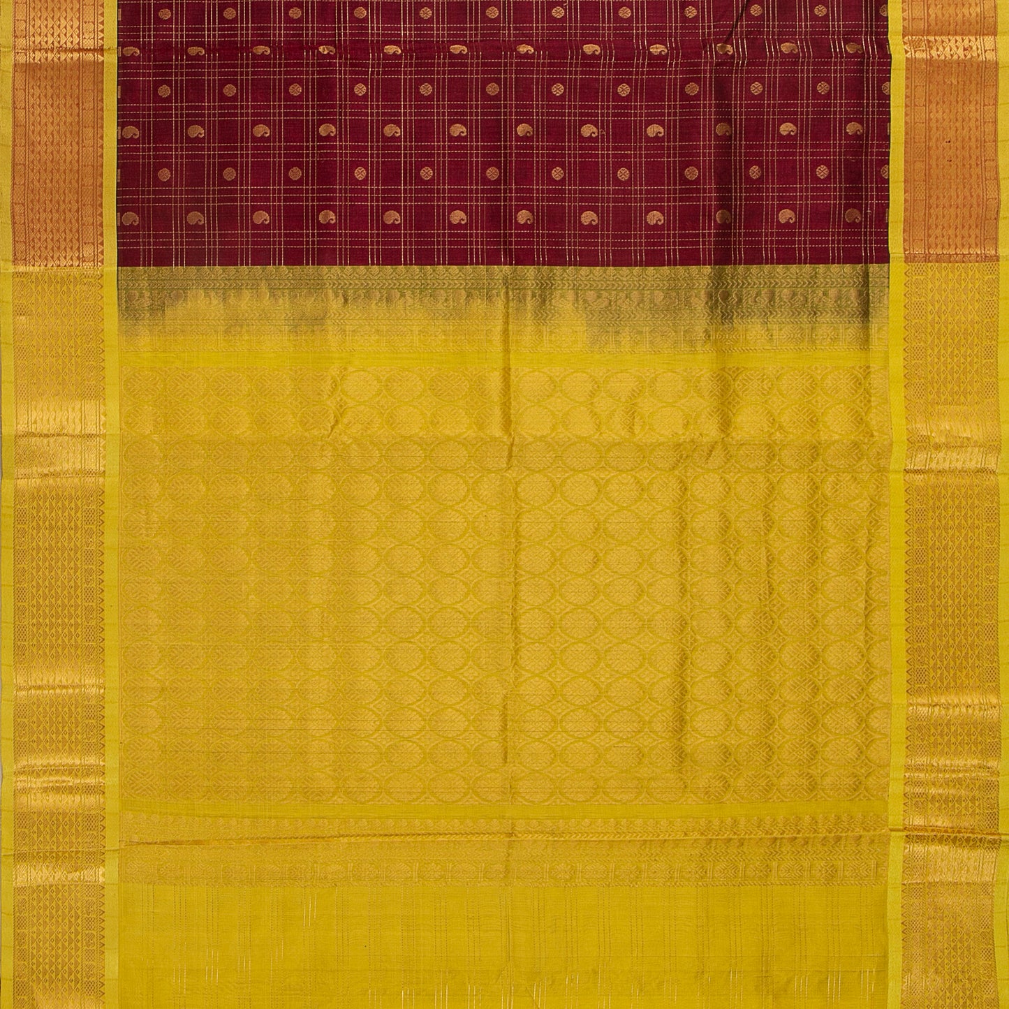 Maroon And Lemon Yellow Kanchi Silk Cotton Saree For Festive Wear VP SC 137