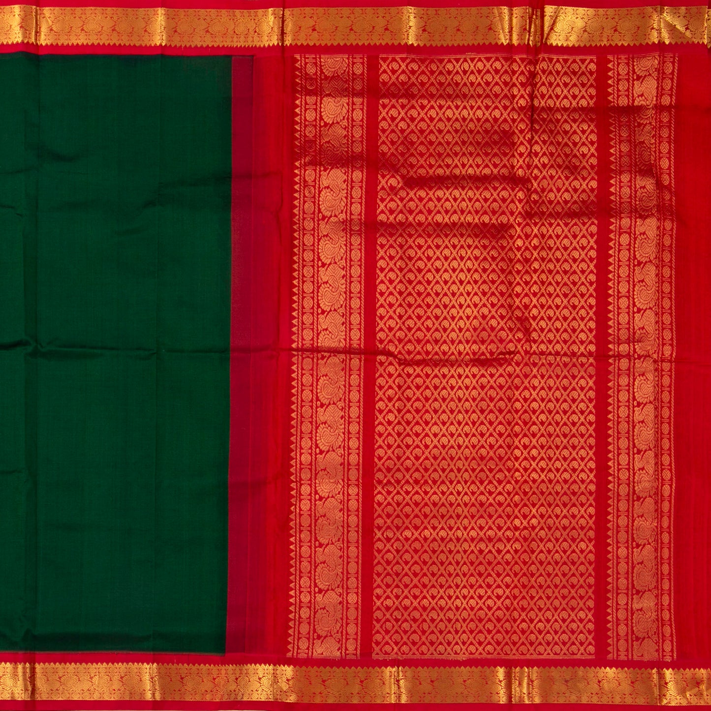 Green And Red Kanchi Silk Cotton Saree With Korvai Border For Festive Wear VP SC 157