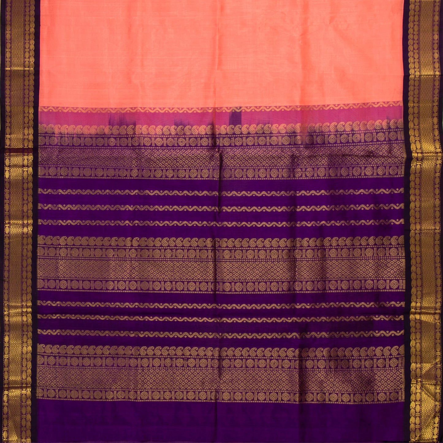 Peach And Purple Kanchi Silk Cotton Saree For Festive Wear VP SC 147