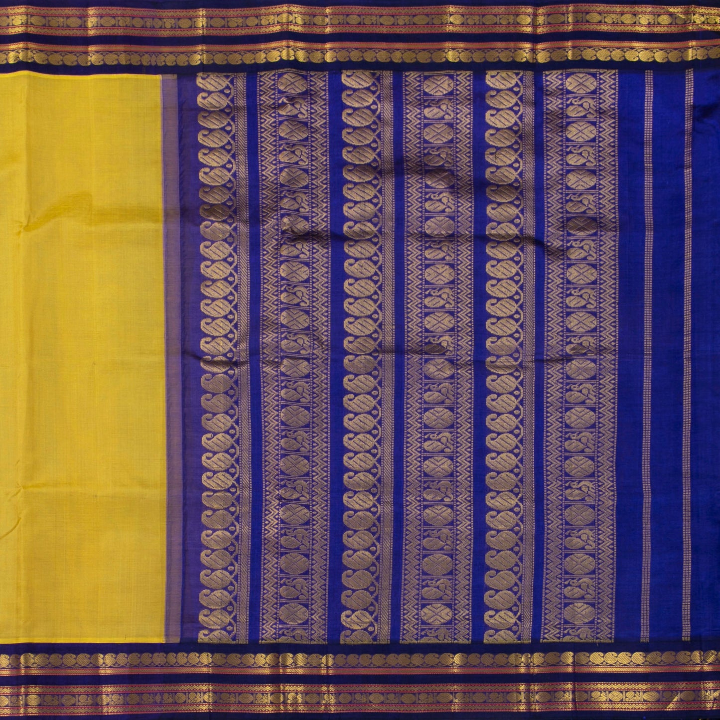 Yellow Ochre And Blue Kanchi Silk Cotton Saree For Festive Wear VP SC 150
