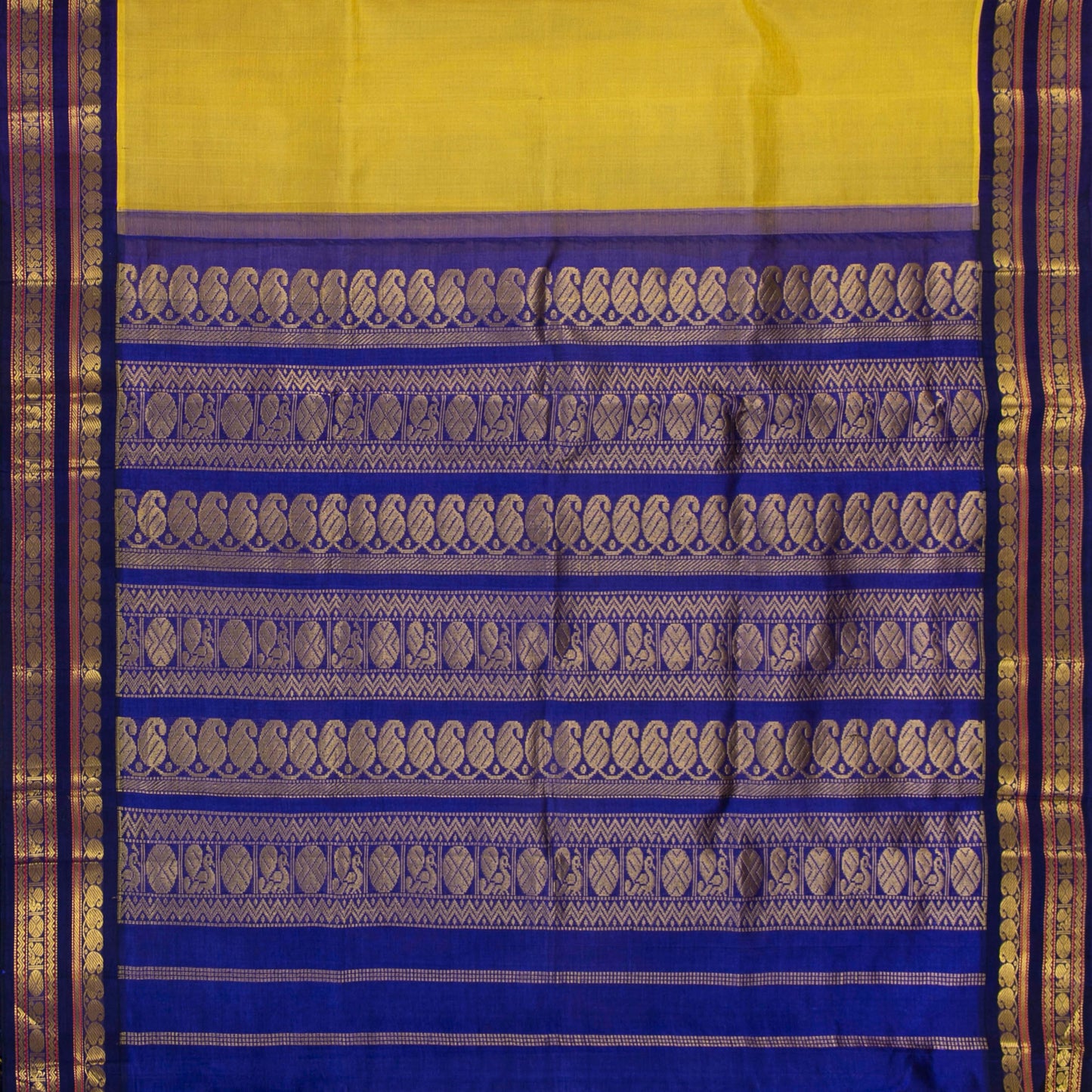 Yellow Ochre And Blue Kanchi Silk Cotton Saree For Festive Wear VP SC 150