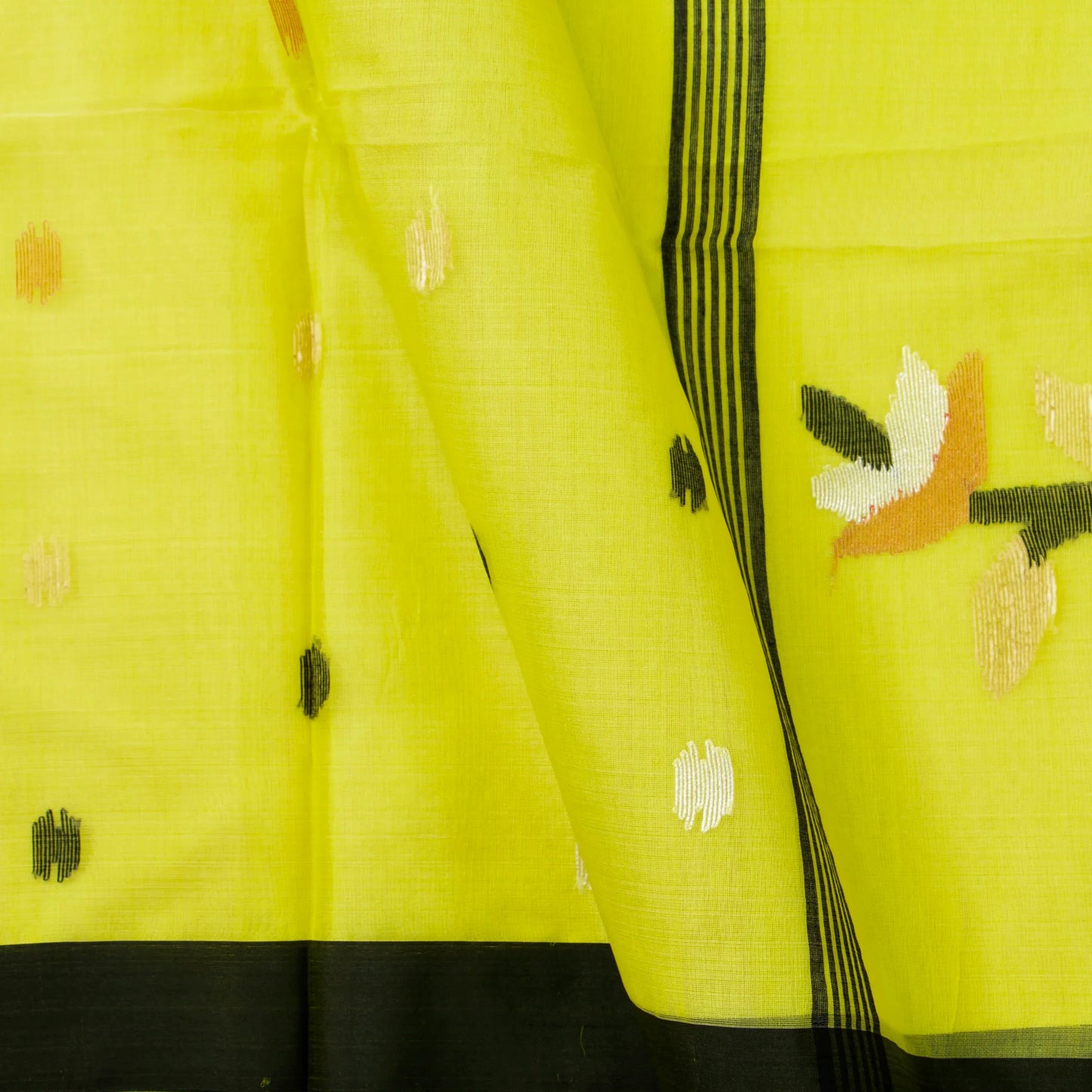 Lime Yellow And Black Dhakai Jamdhani Mulmul Silk Saree For Office Wear PV MJ 117