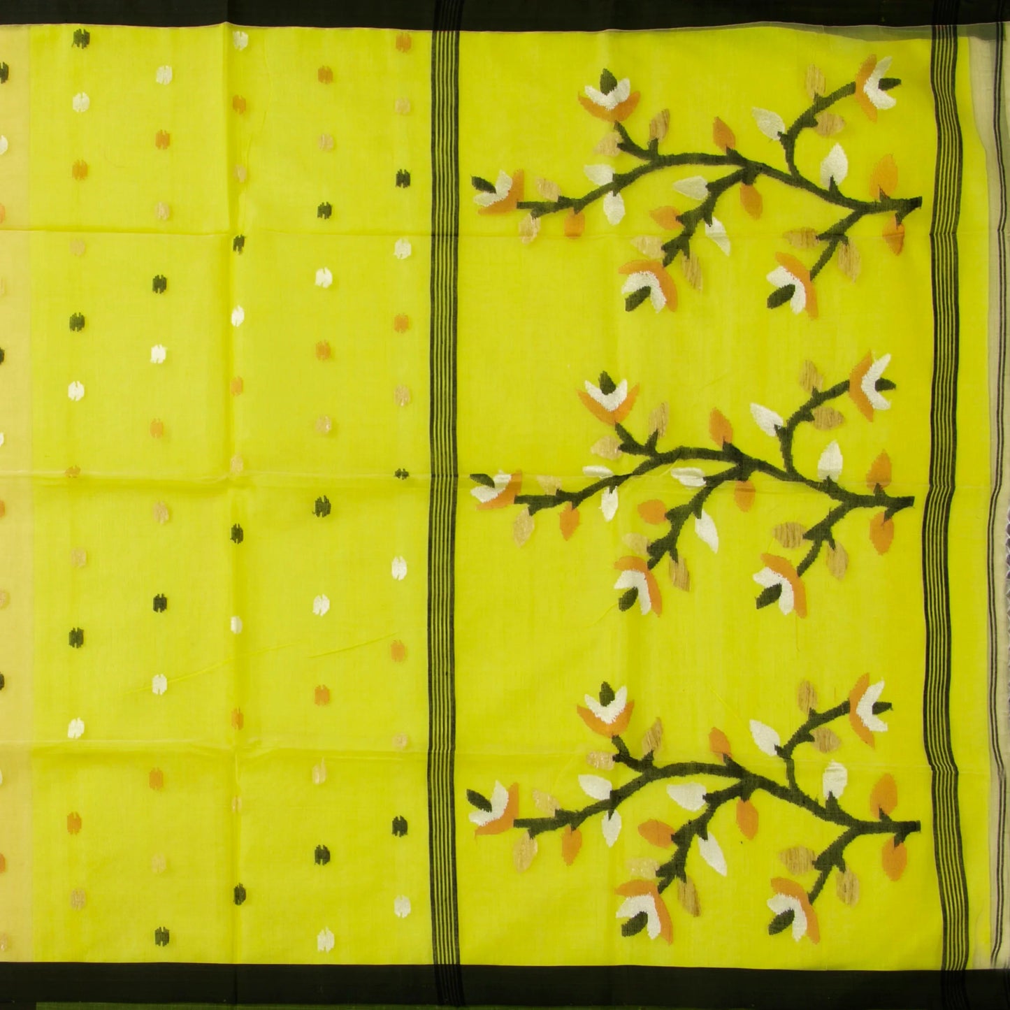 Lime Yellow And Black Dhakai Jamdhani Mulmul Silk Saree For Office Wear PV MJ 117