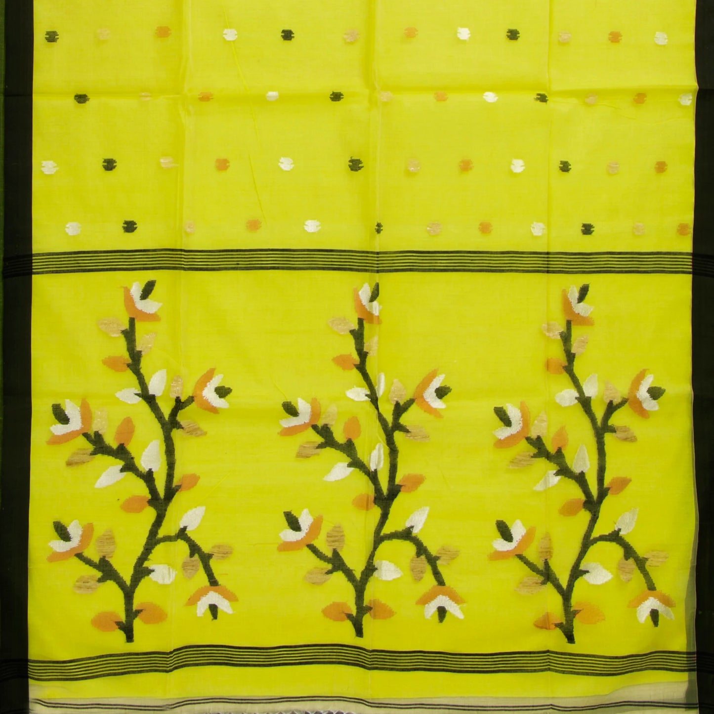 Lime Yellow And Black Dhakai Jamdhani Mulmul Silk Saree For Office Wear PV MJ 117