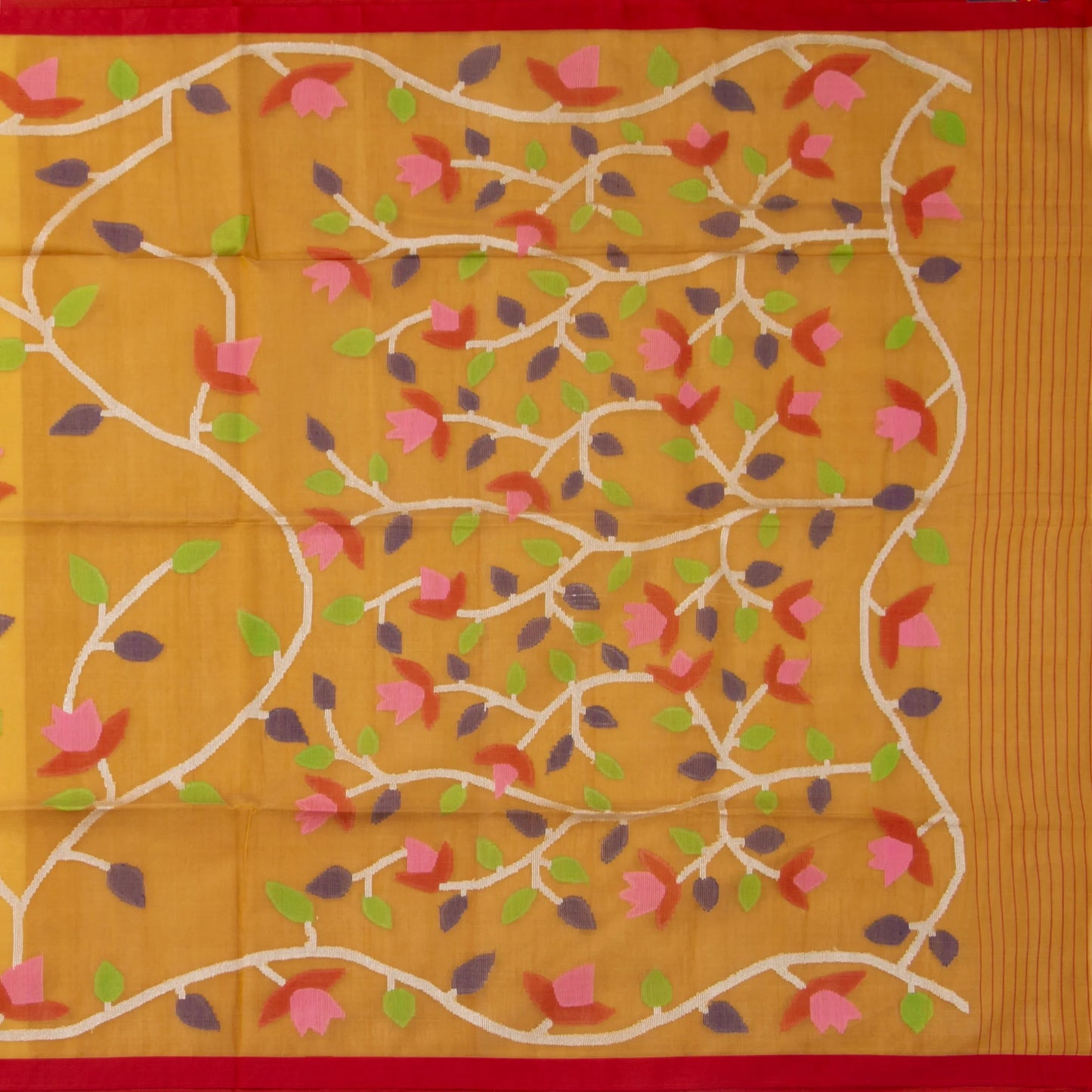 Yellow Ochre And Red Tissue Sequins Dhakai Jamdani Mulmul Silk Saree For Party Wear PV MJ 129