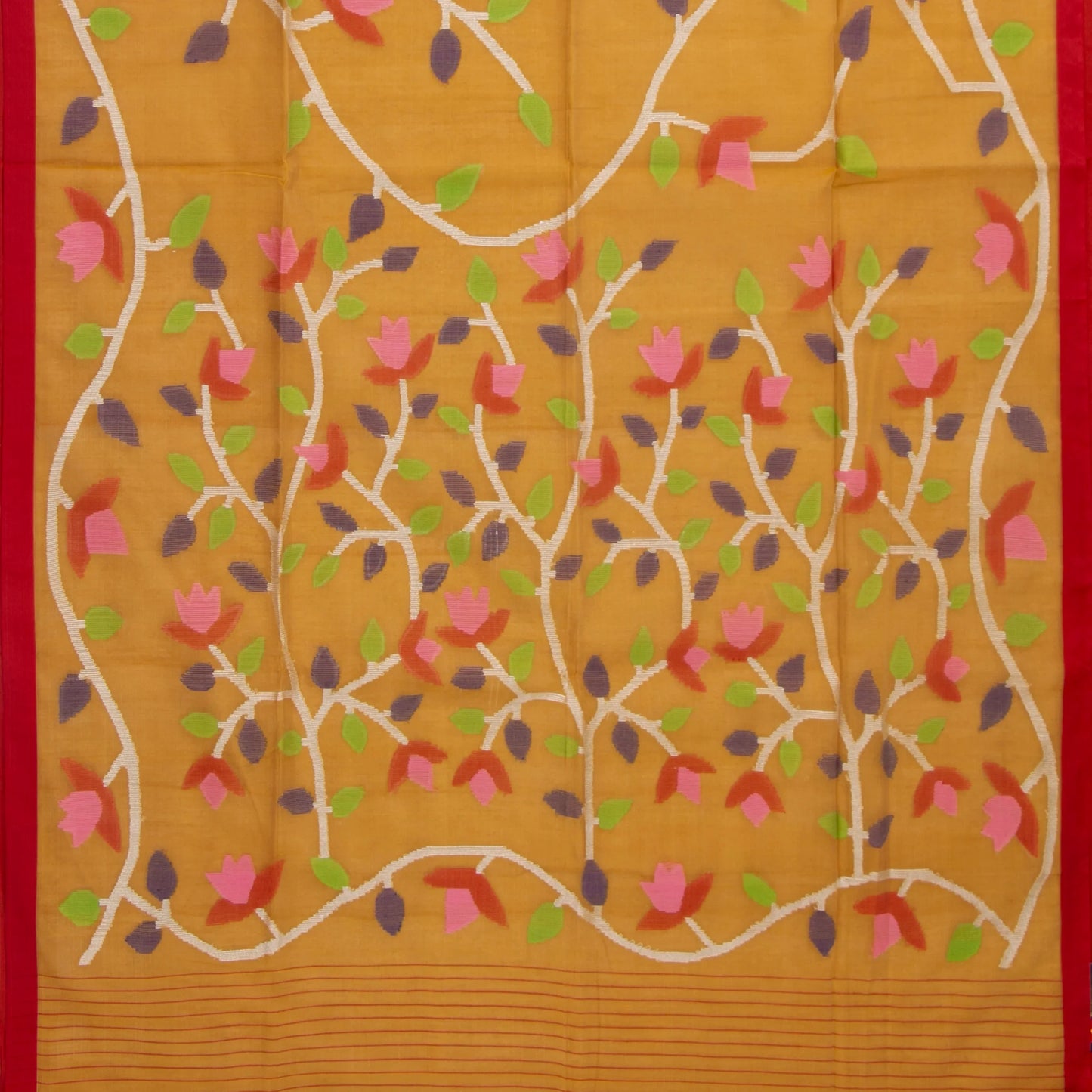 Yellow Ochre And Red Tissue Sequins Dhakai Jamdani Mulmul Silk Saree For Party Wear PV MJ 129