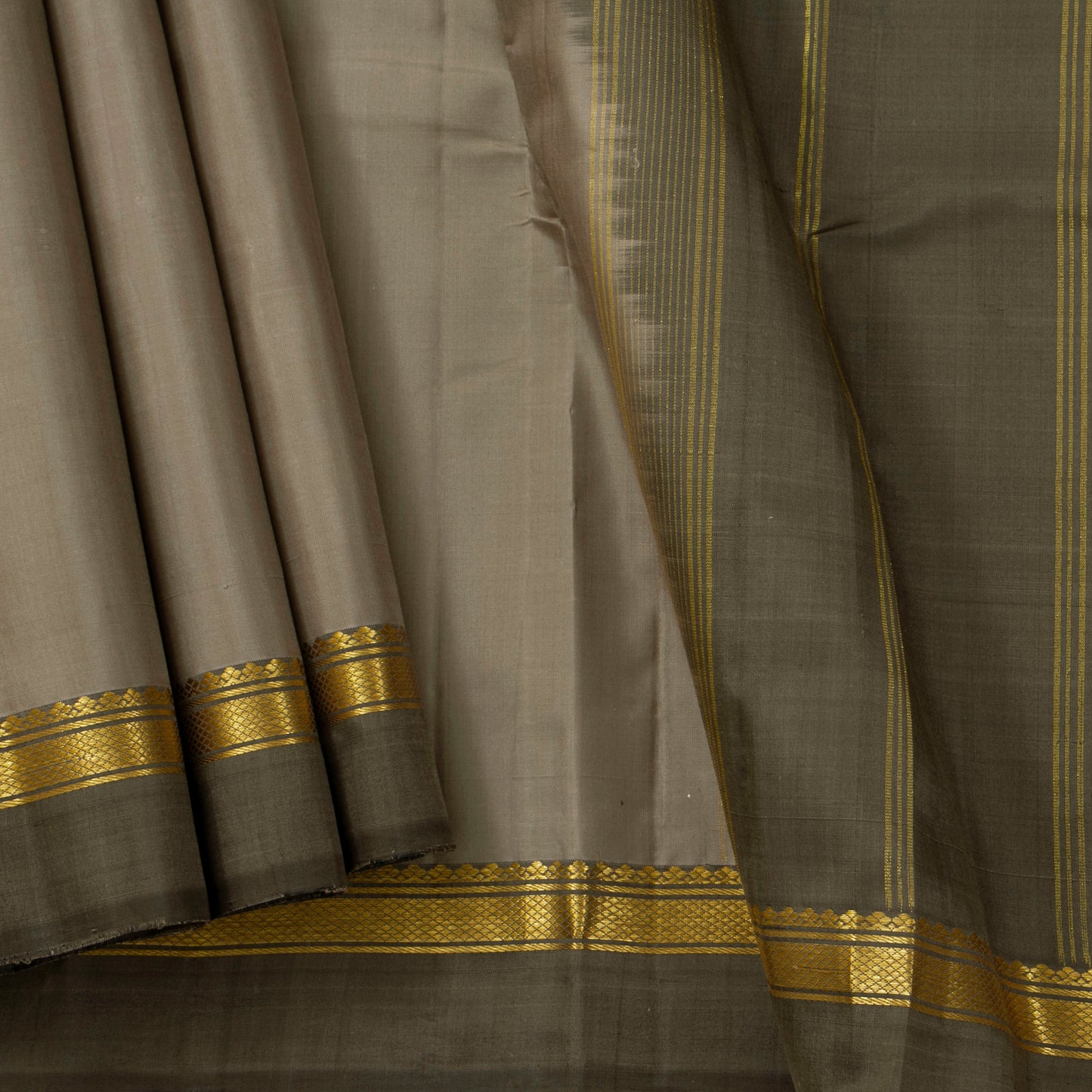 Grey Kanchipuram Silk Saree Ganga Jamuna Border For Festive Wear PV KNN 261