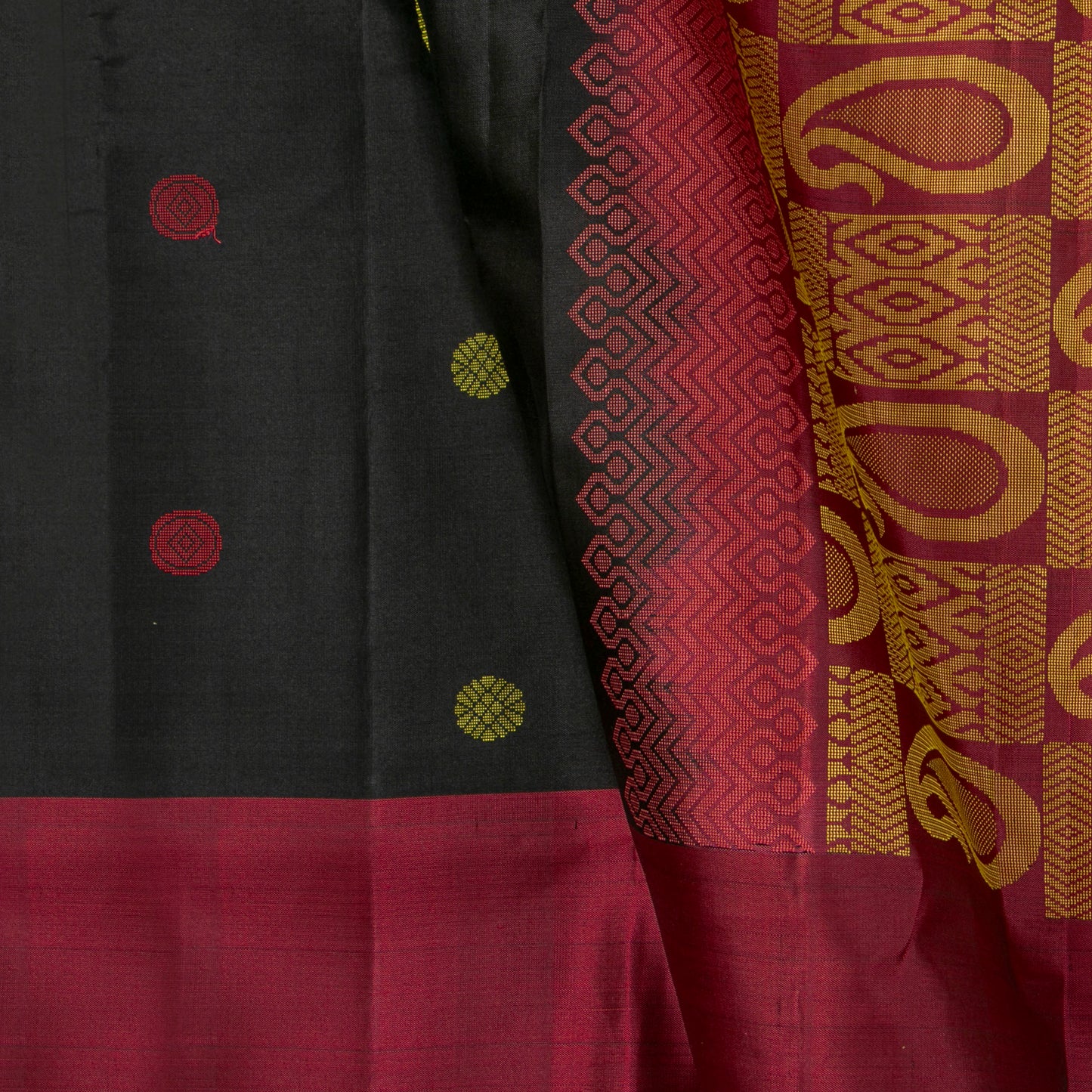 Black And Maroon Kanchipuram Silk Saree With Ganga Jamuna Border Without Zari For Festive Wear PV KNN 296