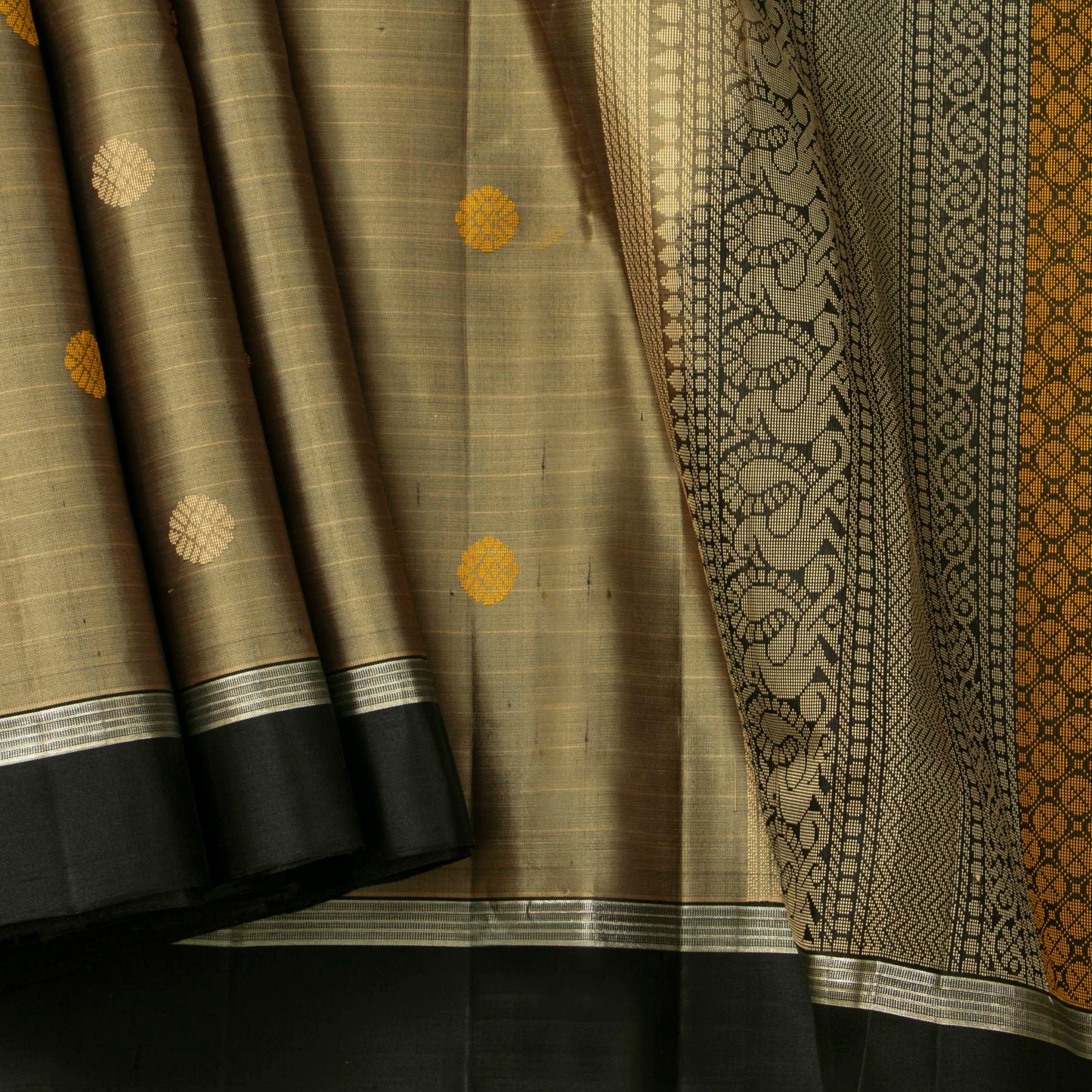 Beige And Black Kanchipuram Silk Saree With Silver Zari For Office Wear PV KNN 297