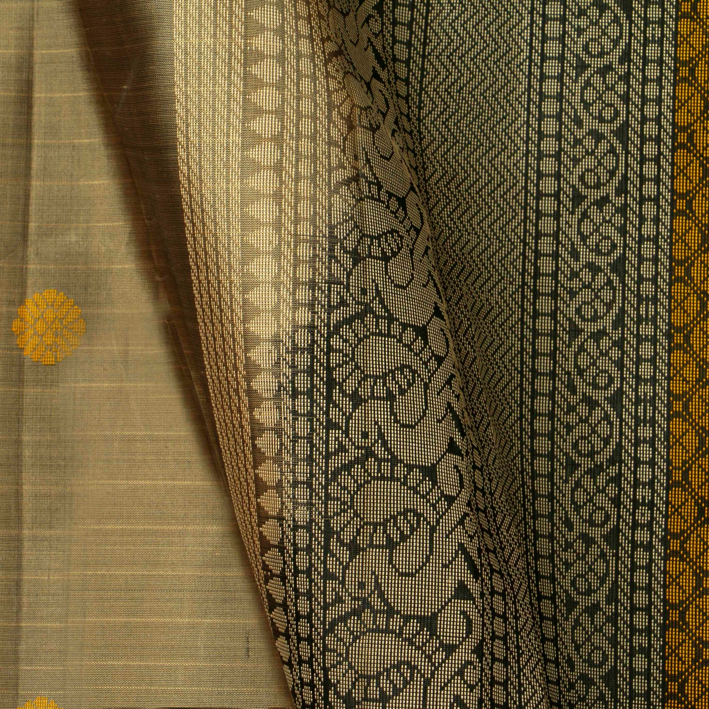 Beige And Black Kanchipuram Silk Saree With Silver Zari For Office Wear PV KNN 297