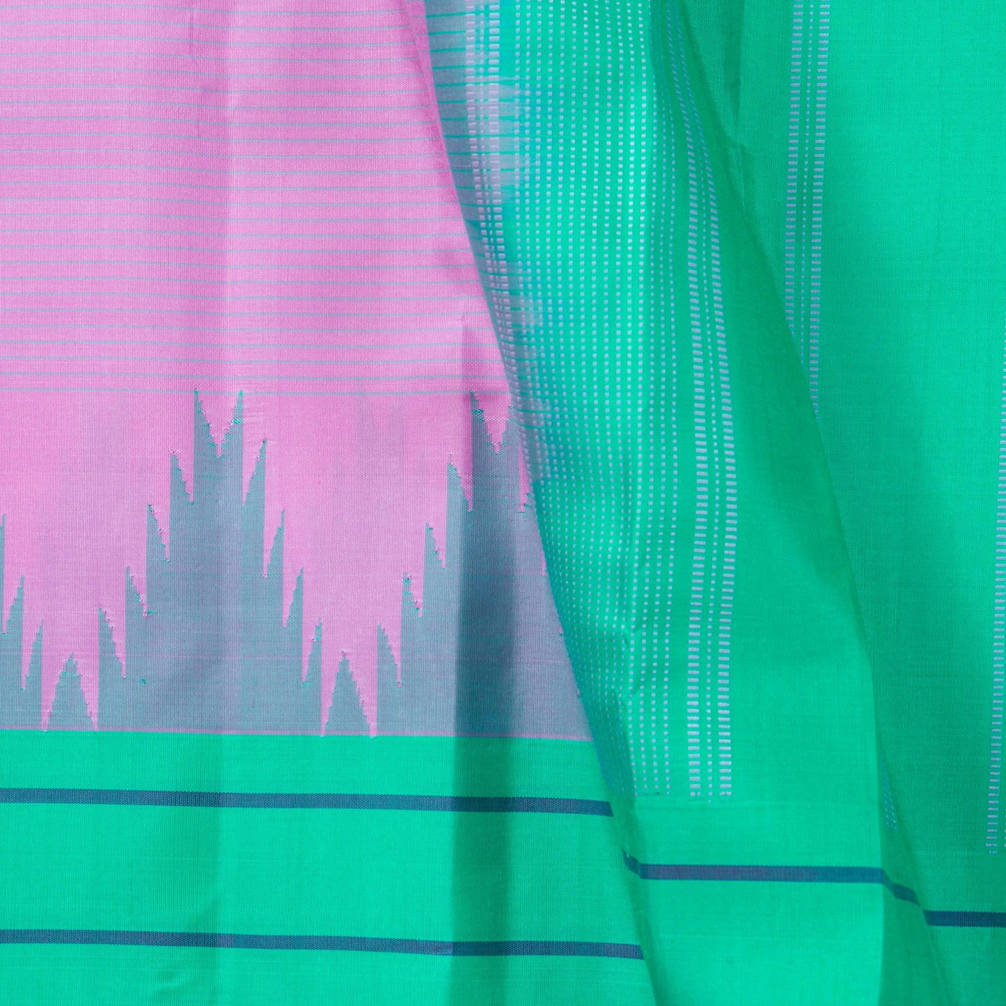 Lotus Pink And Turquoise Green Kanchipuram Silk Saree WIthout Zari For Office Wear PV KNN 312