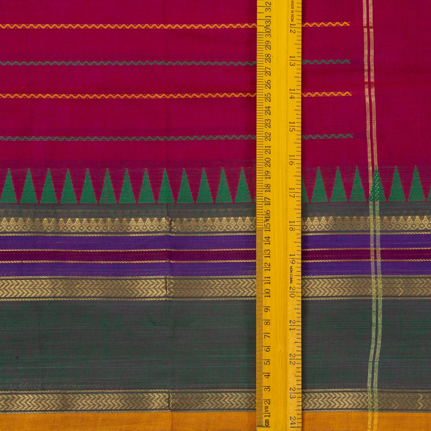 Pink, Green And Mustard Kanchi Cotton Saree With Ganga Jamuna Border And Veldhari Stripes PV MM KC 624