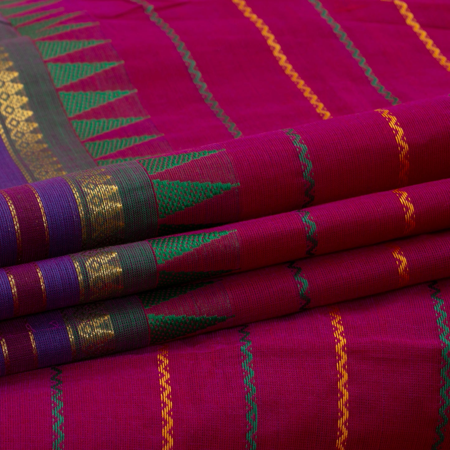 Pink, Green And Mustard Kanchi Cotton Saree With Ganga Jamuna Border And Veldhari Stripes PV MM KC 624