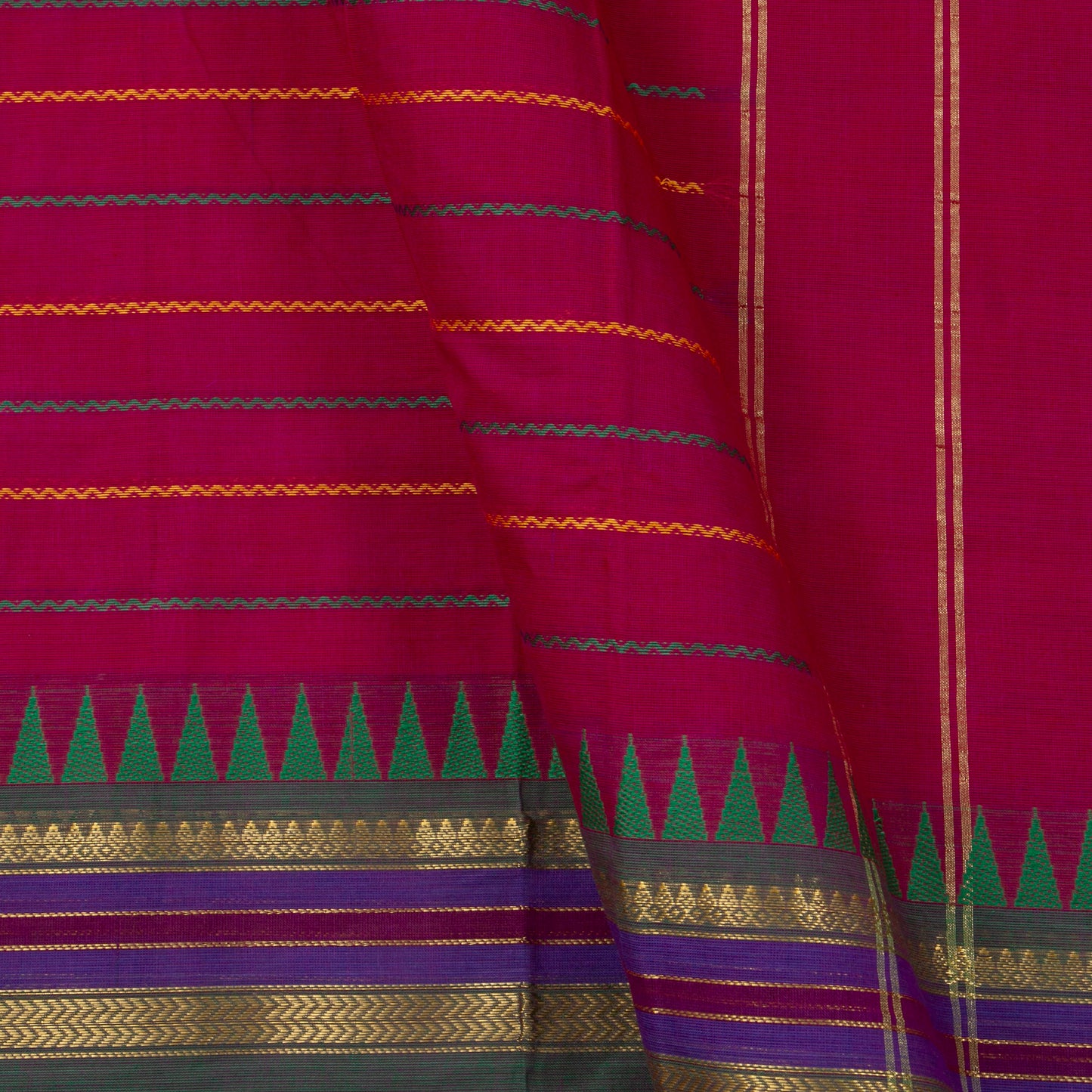Pink, Green And Mustard Kanchi Cotton Saree With Ganga Jamuna Border And Veldhari Stripes PV MM KC 624