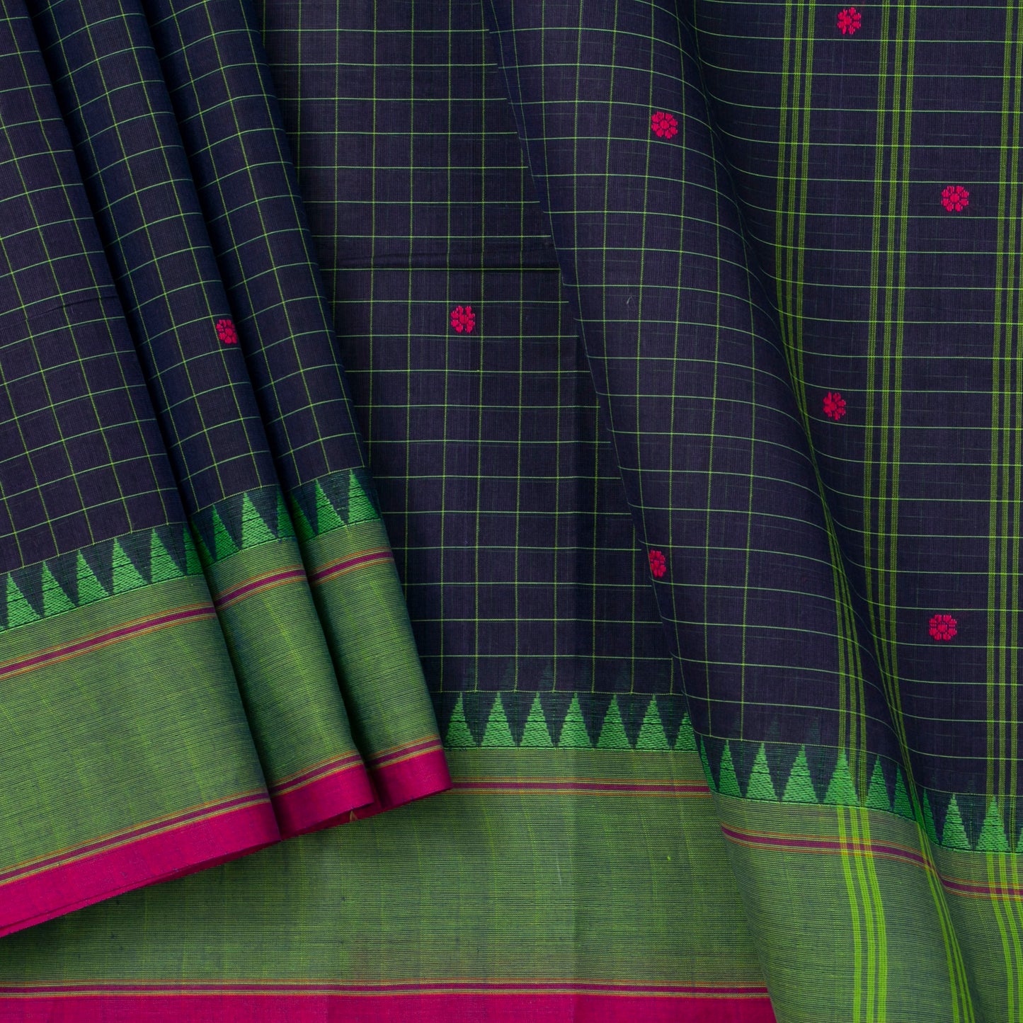 Navy Blue And Green Kanchi Cotton Saree For Festive Wear PV MM KC 626