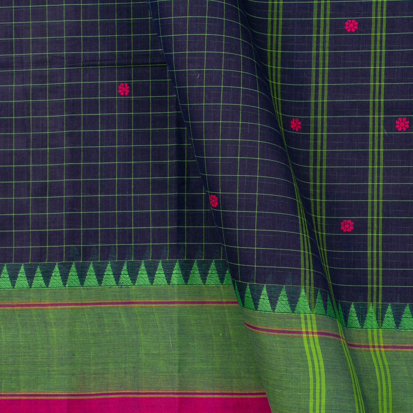 Navy Blue And Green Kanchi Cotton Saree For Festive Wear PV MM KC 626