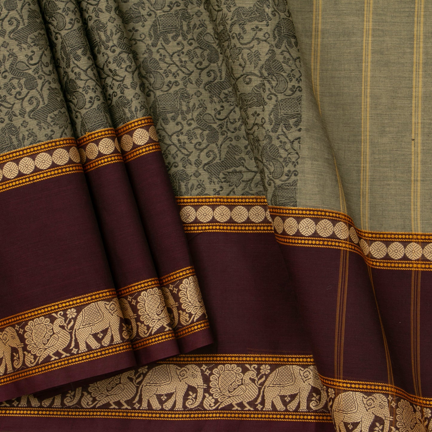 Grey And Maroon Vanasingaram Kanchi Cotton Saree For Festive Wear PV MM KC 659