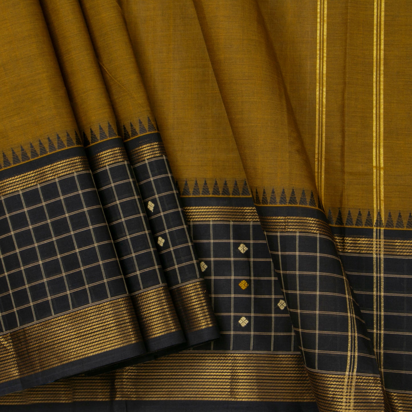Mustard And Black Kanchi Cotton Saree For Office WearPV MM KC 646