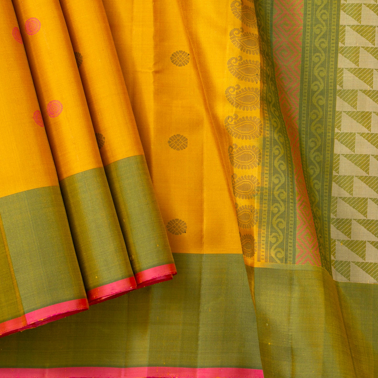 Yellow And Green Kanchipuram Silk Saree No Zari For Office Wear PV KNN 299
