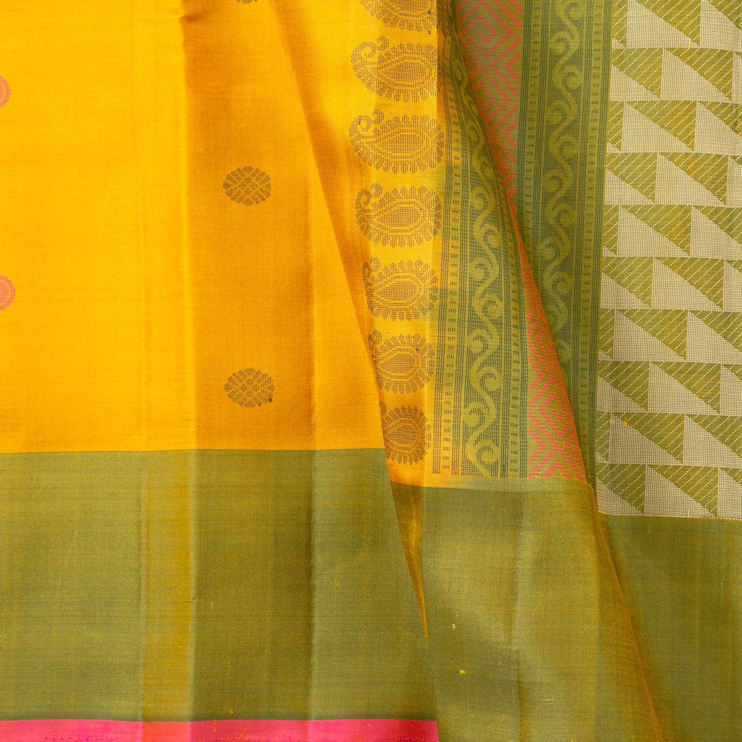 Yellow And Green Kanchipuram Silk Saree No Zari For Office Wear PV KNN 299