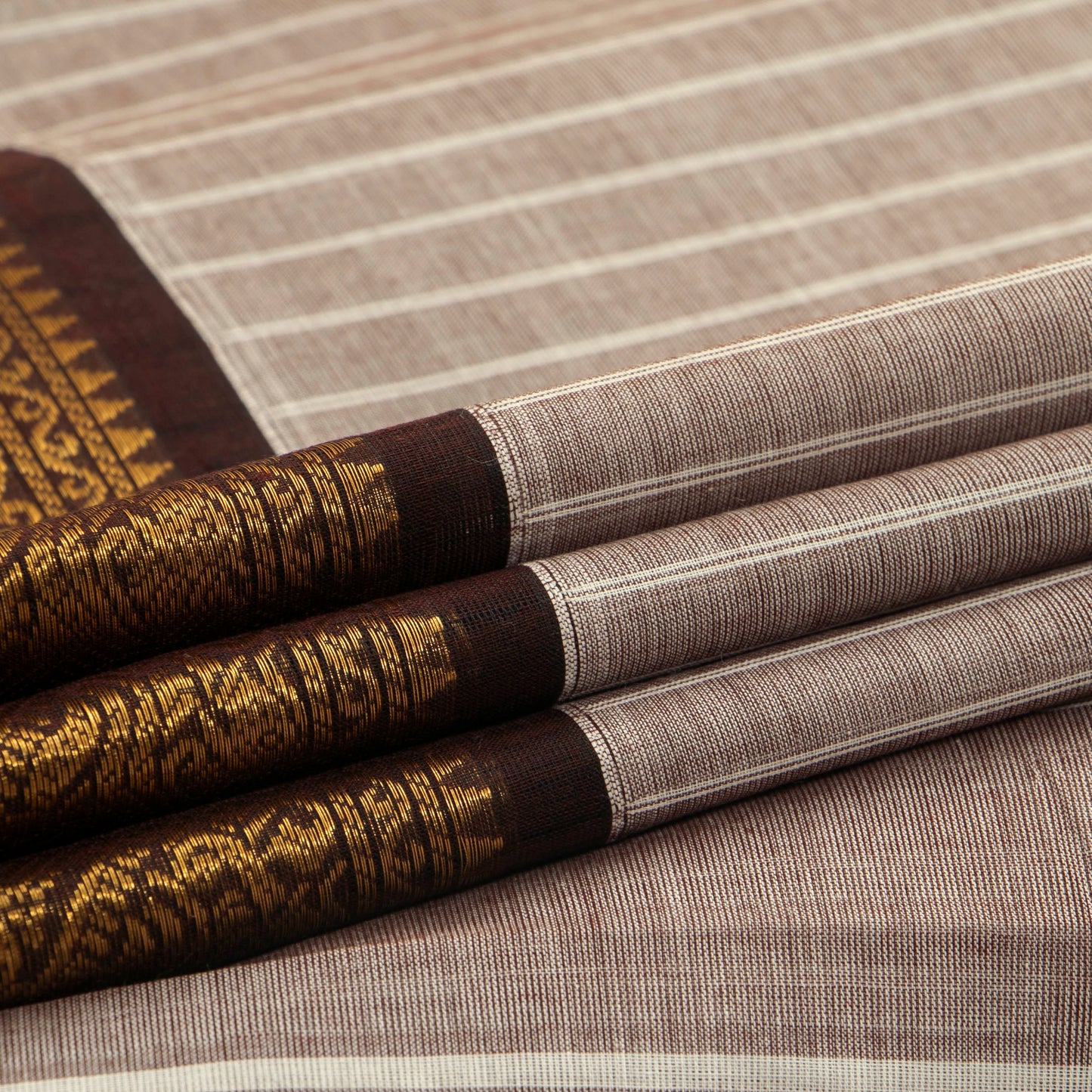 Beige And Brown Kanchi Cotton Saree With Zari Border For Festive Wear PV MM KC 631