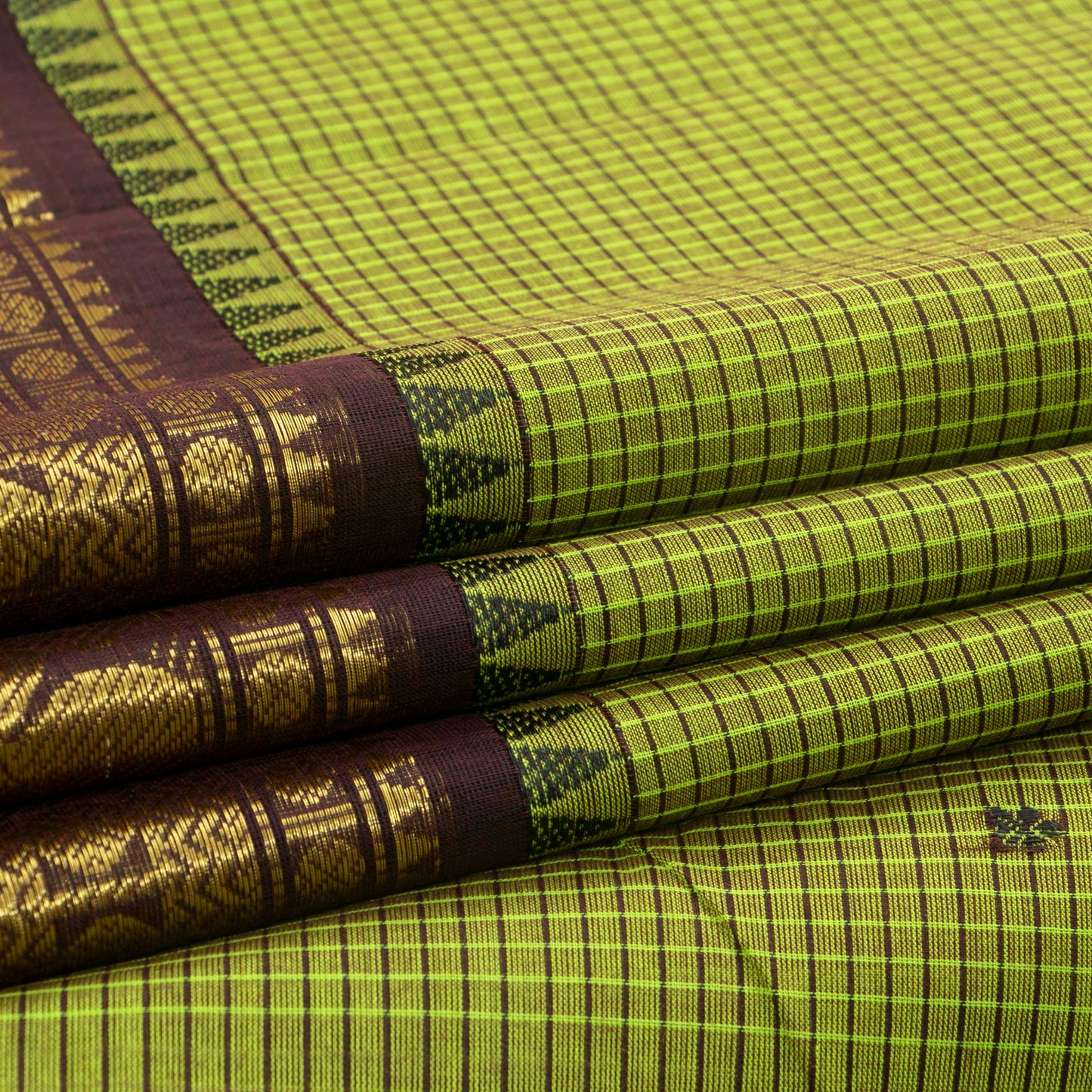Green And Brown Kanchi Cotton Saree With Zari Border For Festive Wear PV MM KC 633