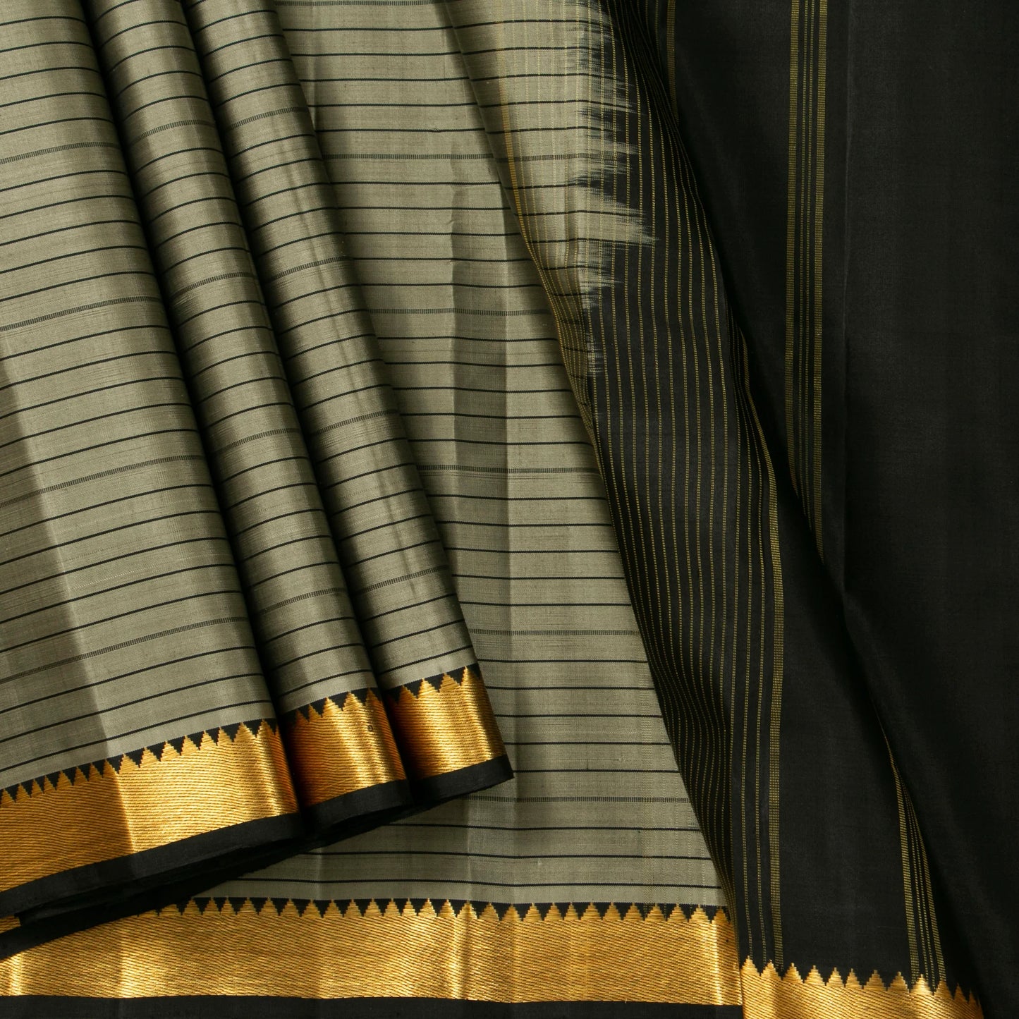 Grey And Black Kanchipuram Silk Saree Light Weight For Festive Wear PV KNN 282