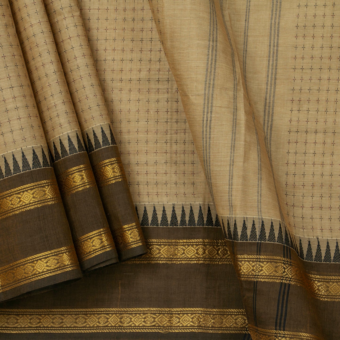 Beige Kanchi Cotton Saree With Ganga Jamuna Temple Rettai Pettu Border PV MM KC 615