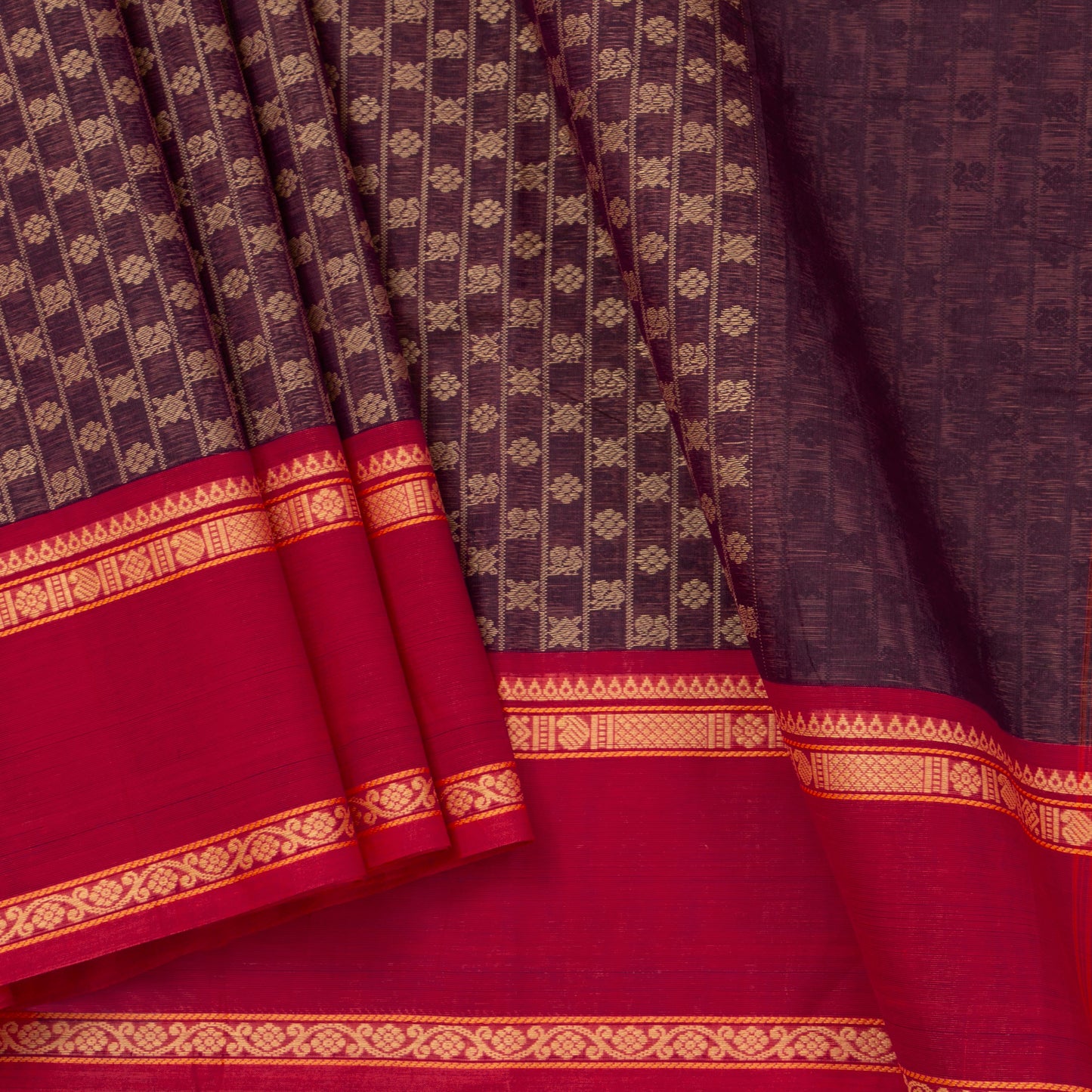 Purple And Red Kanchi Cotton Saree For Office Wear PV MM KC 664