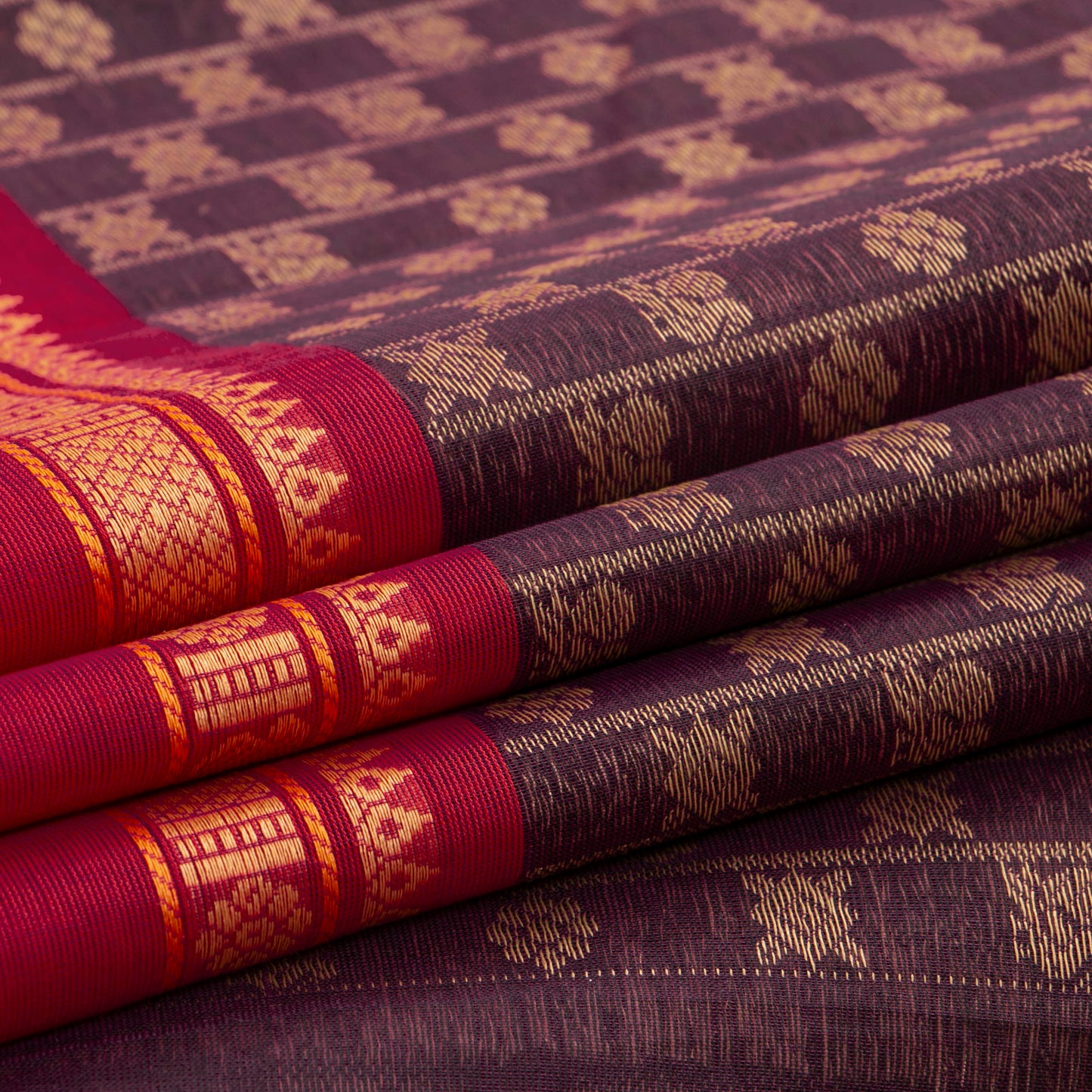Purple And Red Kanchi Cotton Saree For Office Wear PV MM KC 664