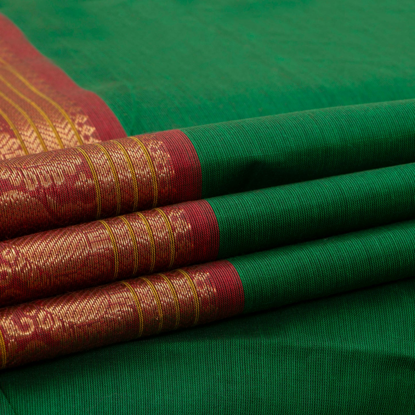 Green And Red Kanchi Cotton Saree With Long Zari Border For Festive Wear PV MM KC 382
