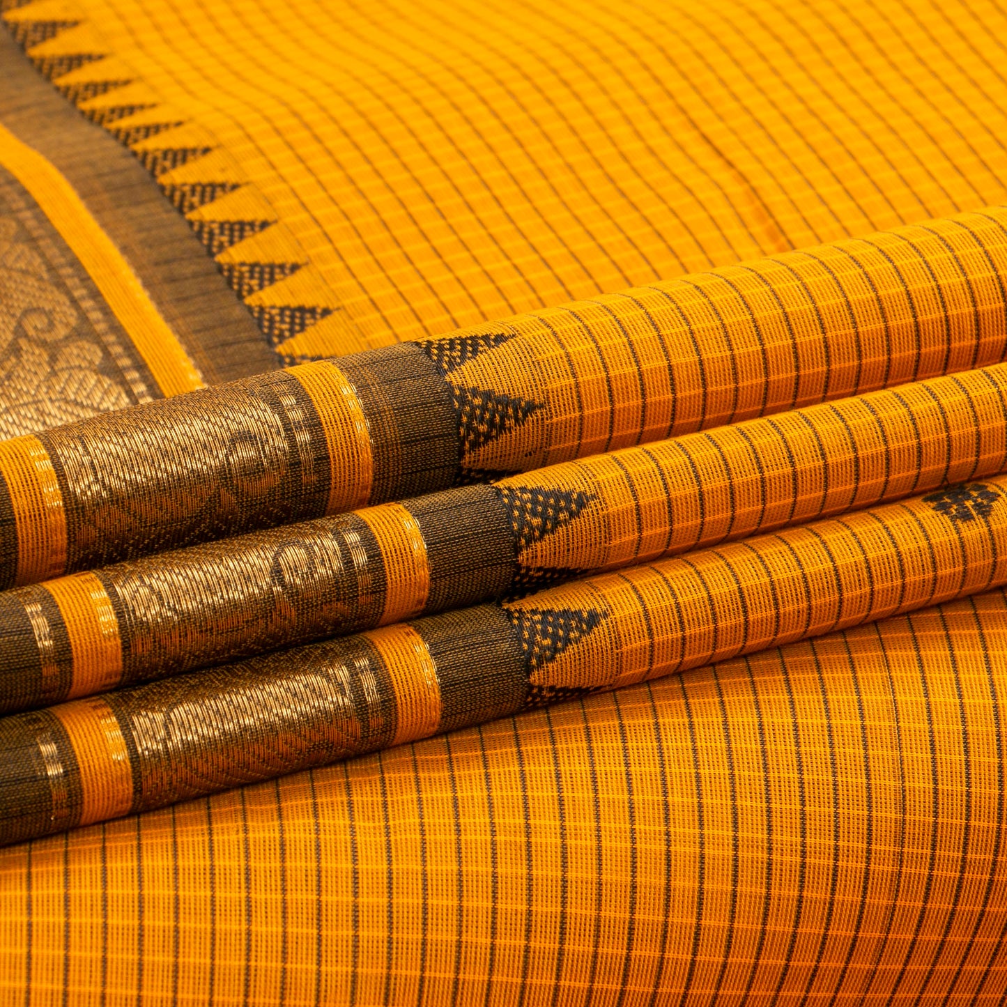 Yellow And Black Kanchi Cotton Saree With Zari Border For Festive Wear PV MM KC 628