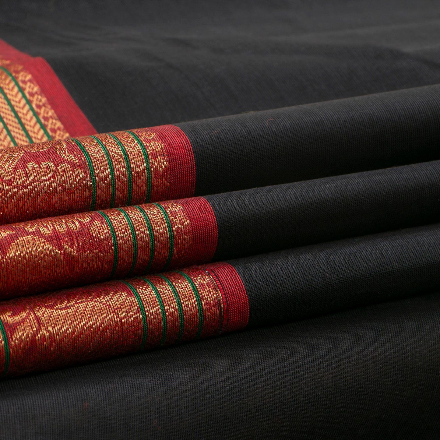 Black And Red Kanchi Cotton Saree With Long Zari Border For Festive Wear PV MM KC 383