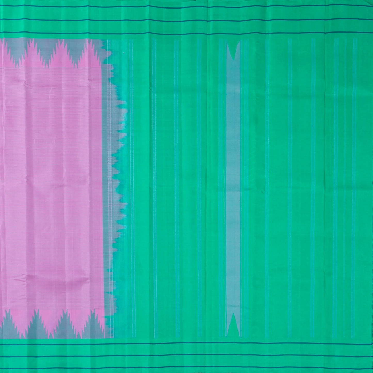 Lotus Pink And Turquoise Green Kanchipuram Silk Saree WIthout Zari For Office Wear PV KNN 312