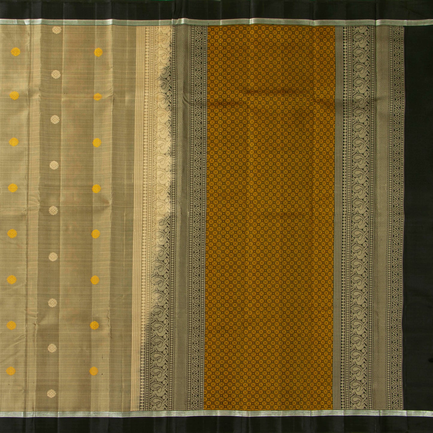 Beige And Black Kanchipuram Silk Saree With Silver Zari For Office Wear PV KNN 297