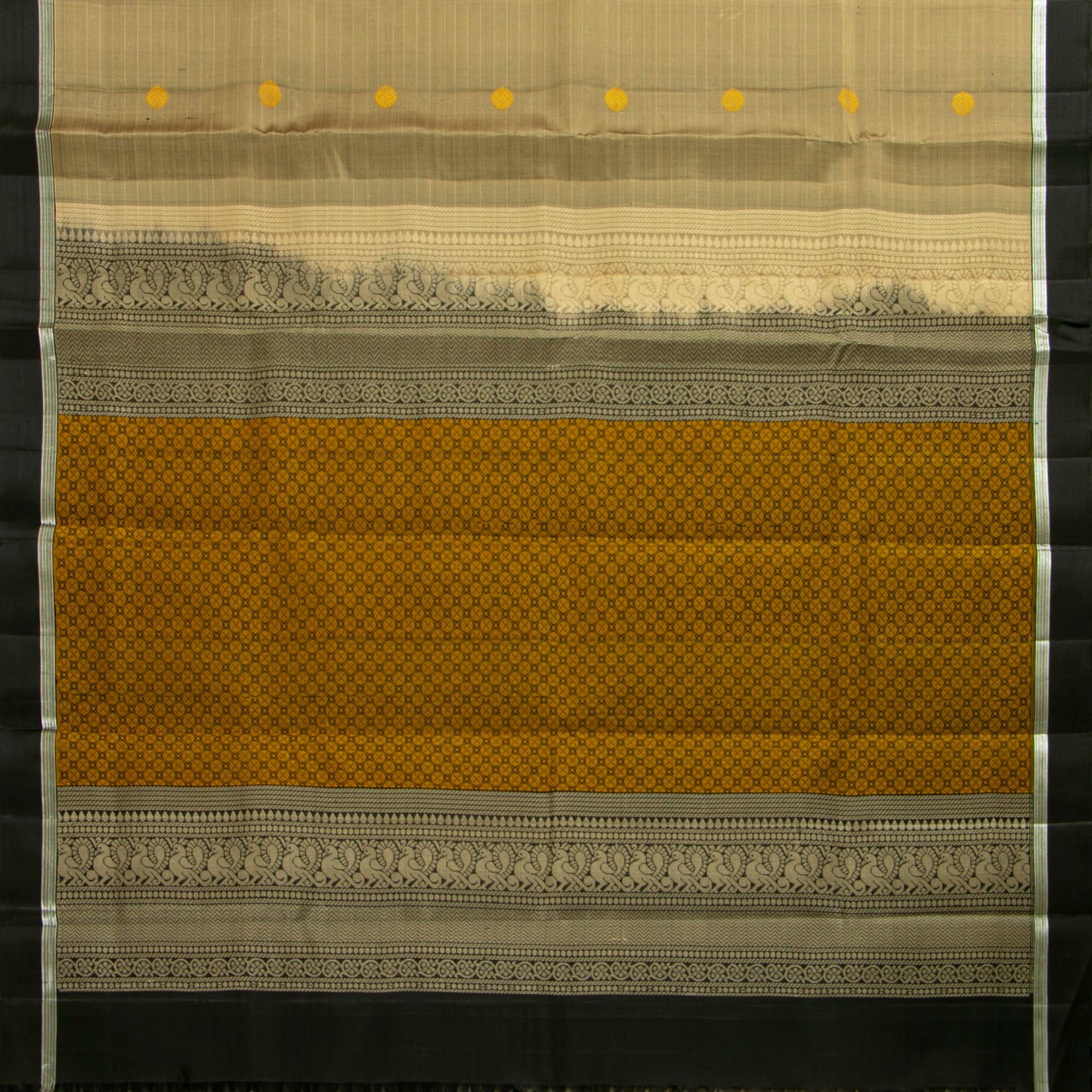 Beige And Black Kanchipuram Silk Saree With Silver Zari For Office Wear PV KNN 297