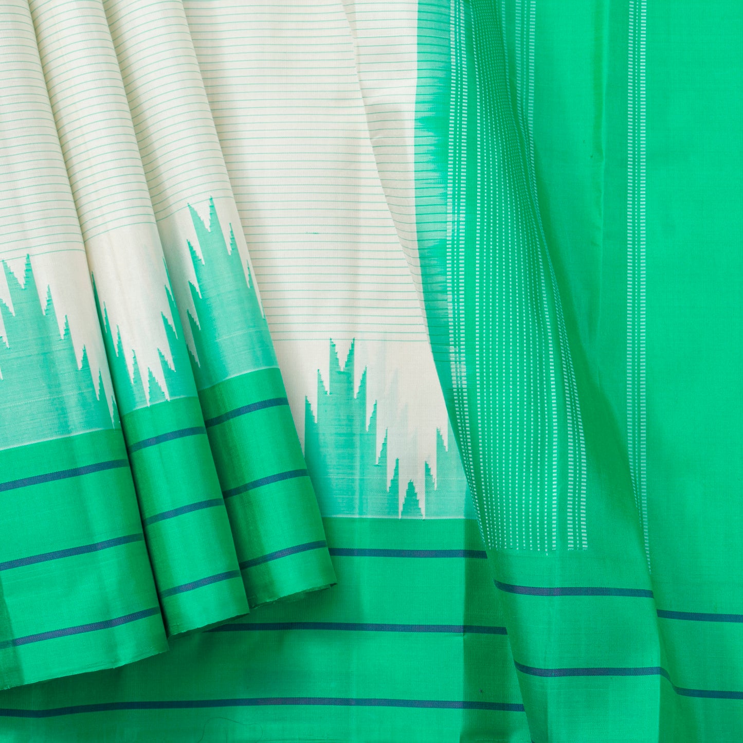 White And Sea Green Kanchipuram Silk Saree No Zari For Festive Wear PV KNN 309